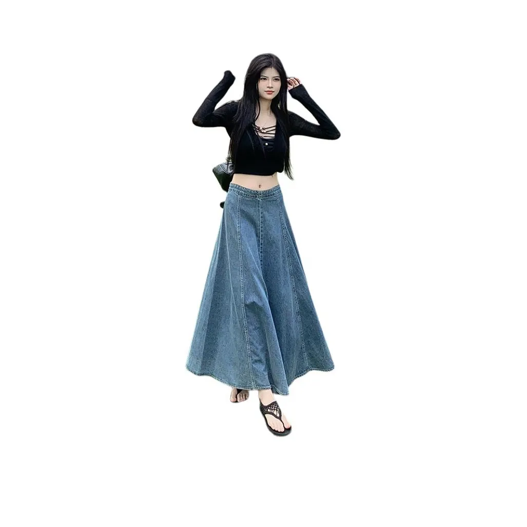 Wen Shan Деним Длинная Юбка Женская Синяя