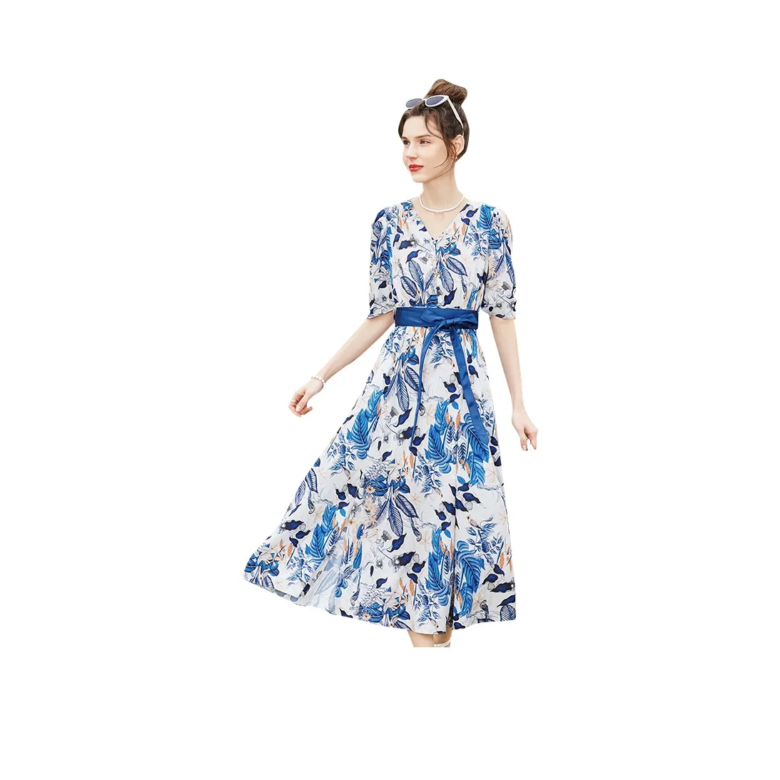 TOUCH Short Sleeved Dresses Women's White Base With Blue Floral