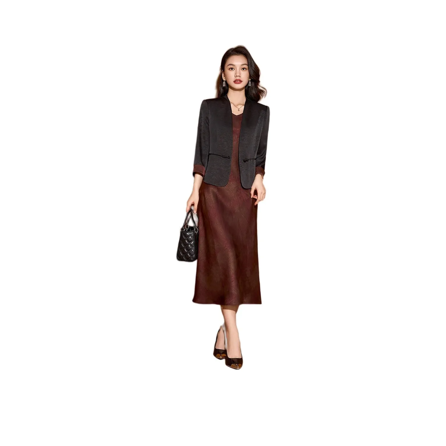 Mylan Two Piece Skirt Sets Women's Black Business Suit+Red Camisole Dress