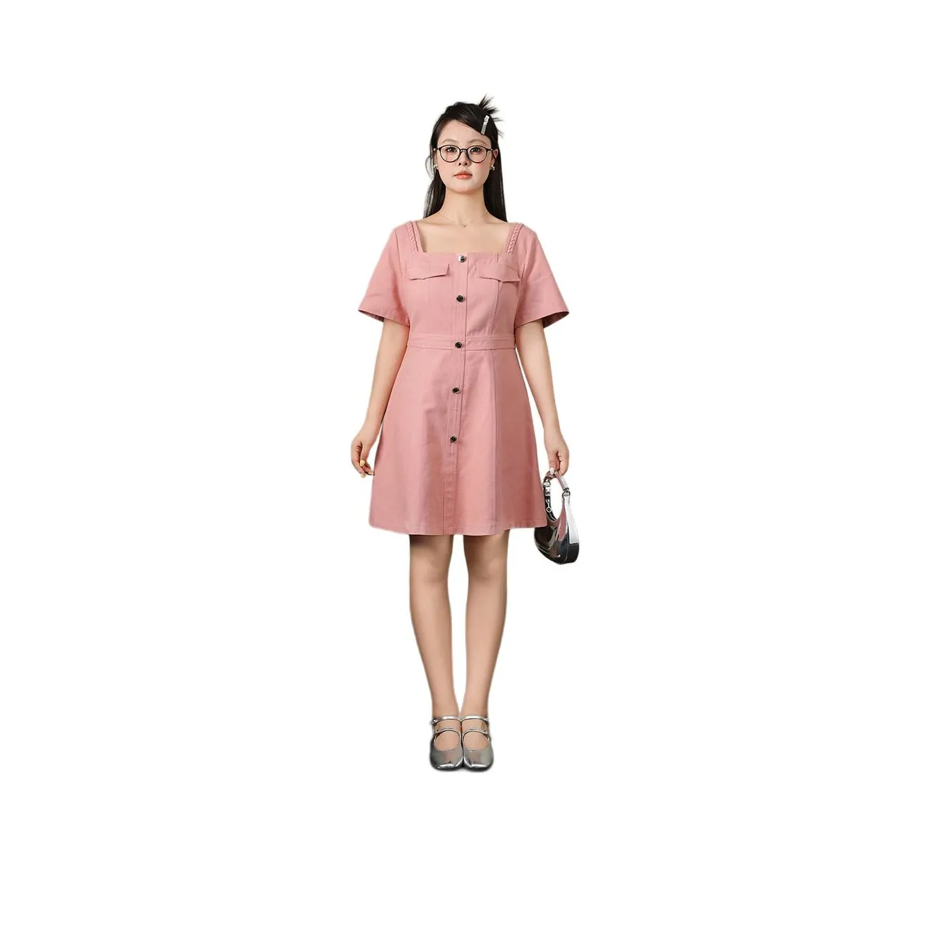 DAMABAIFENBAI Sweet Style Denim Dress For Petite Women's Short Sleeved Dress Women's Pink