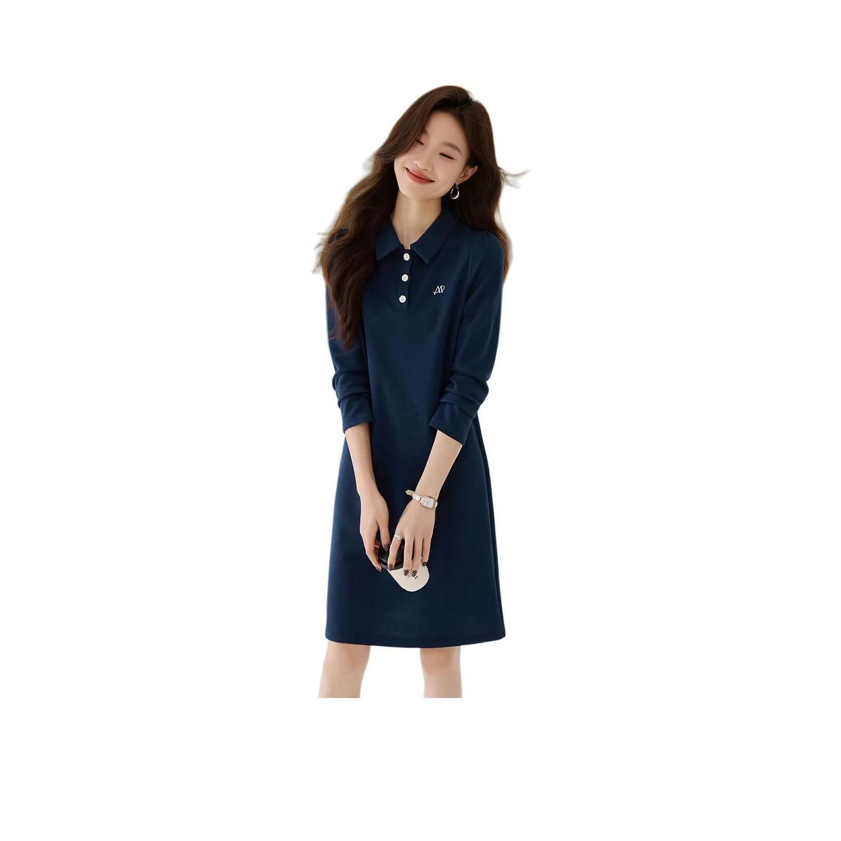 Mo Han Yi Mei Long Sleeved Dress Women's Navy Blue