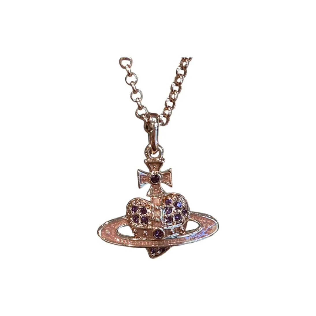 Vivienne Westwood Металл Reverse Heart Saturn Дизайн Ожерелье Унисекс Розовое Золото Фиолетовый Диамант