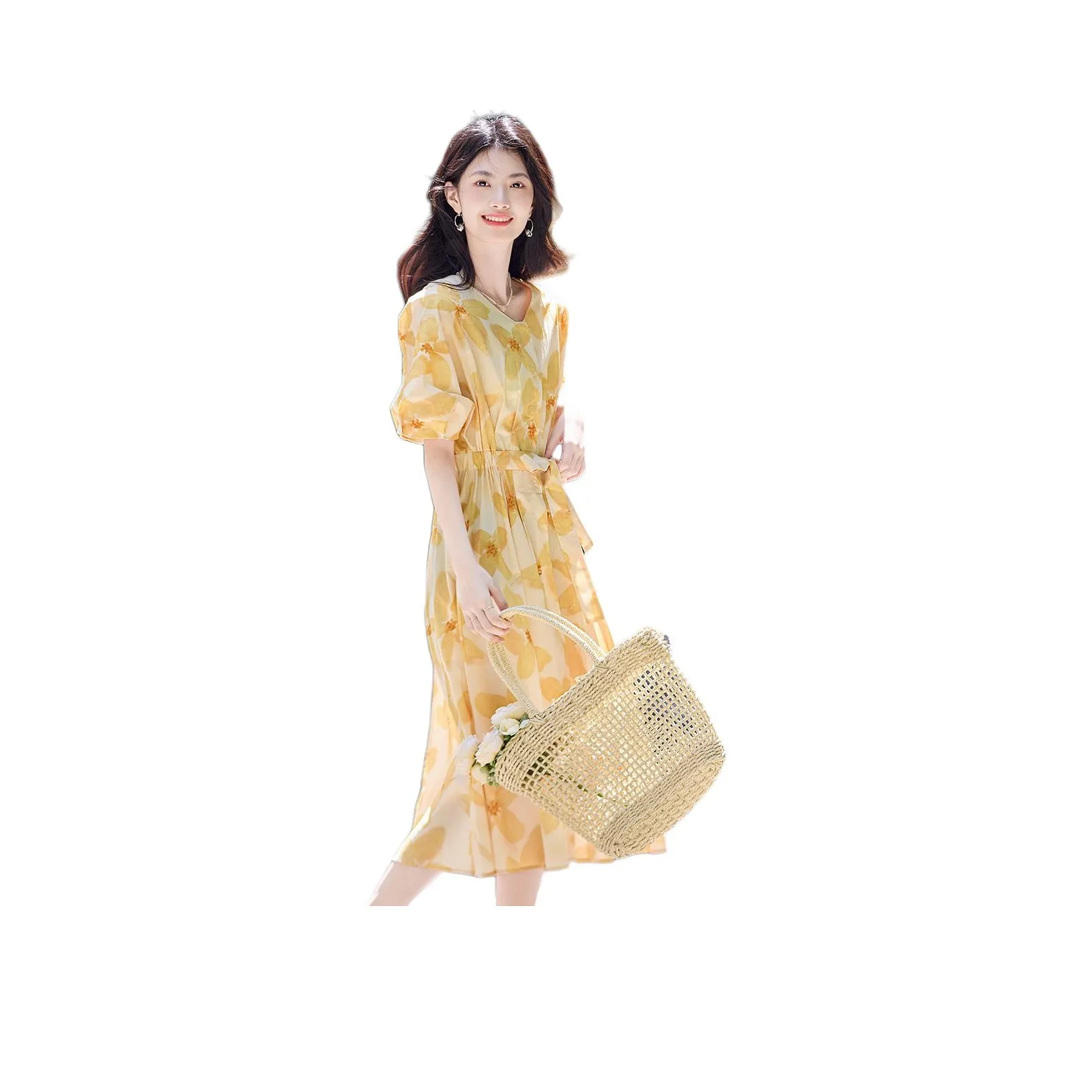 Still Quiet Summer Short Sleeved Dress Cinched Waist Women's