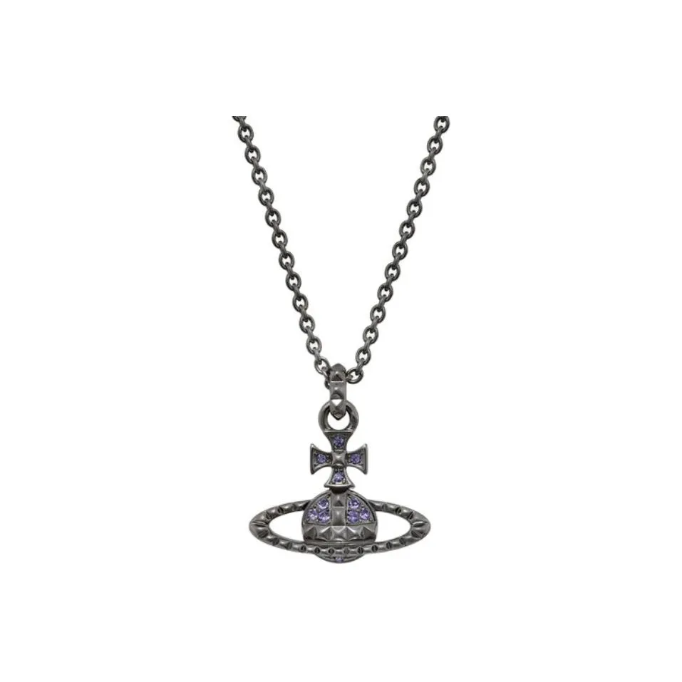 Vivienne Westwood Mayfair Bas Relief Pendant Brass Necklaces Unisex Gunmetal Gray/Purple Diamond