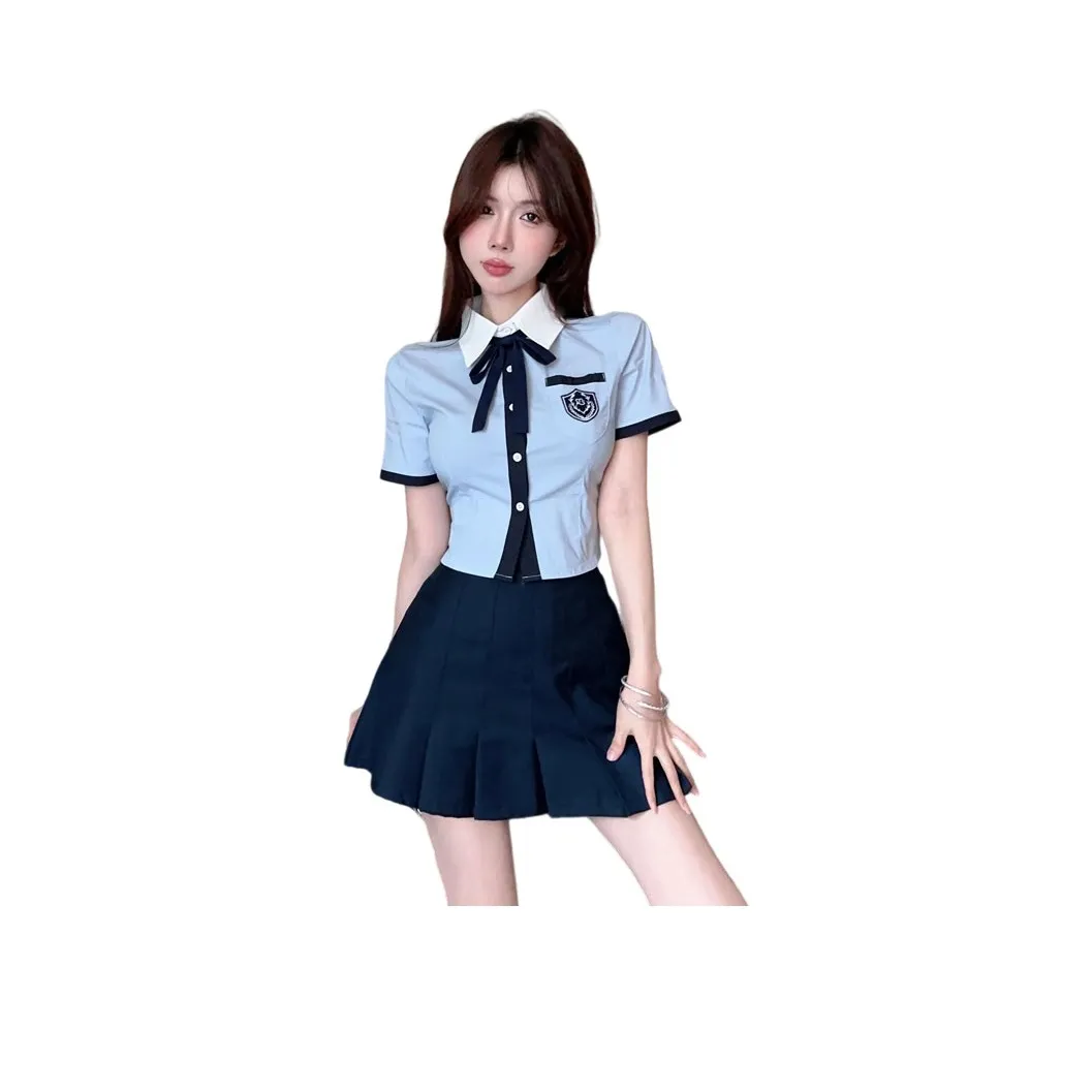 DGMZ Uniforms Women's Blue Top+Blue Skirt Bow Ties Clothing Set