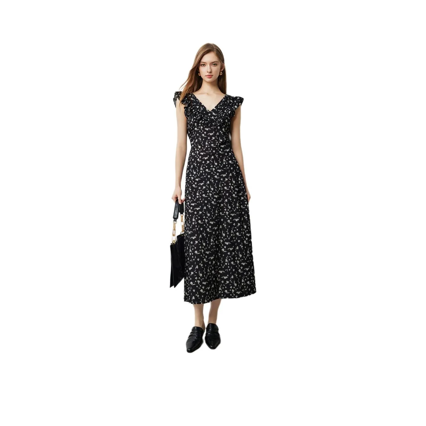 Initial Language Cinched Waist Short Sleeved Dress With Flutter Sleeves Women's Black With White Floral