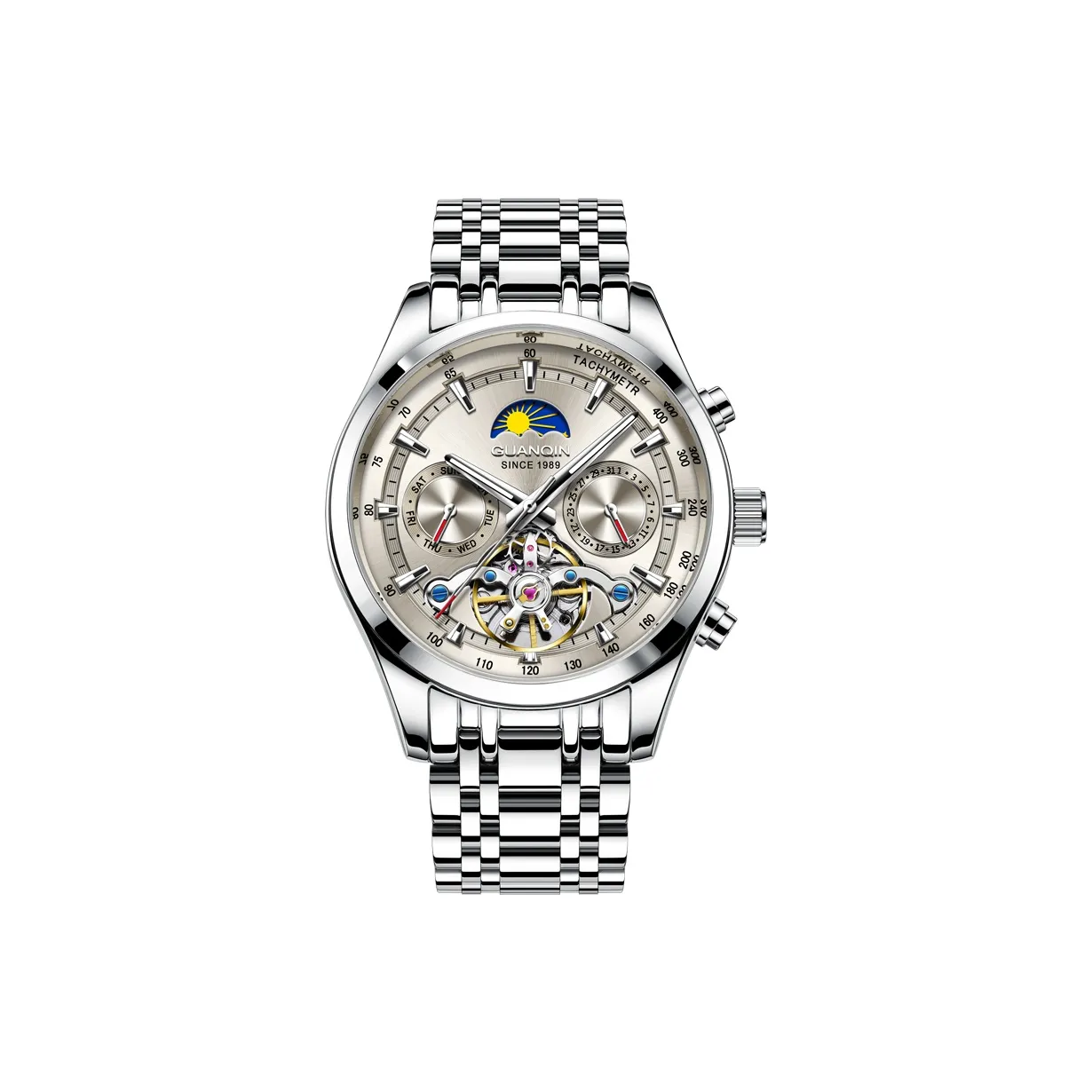 GUANQIN Автоматический Механический Механизм Нержавеющая Сталь Ремешок Часы Мужские Серый Циферблат