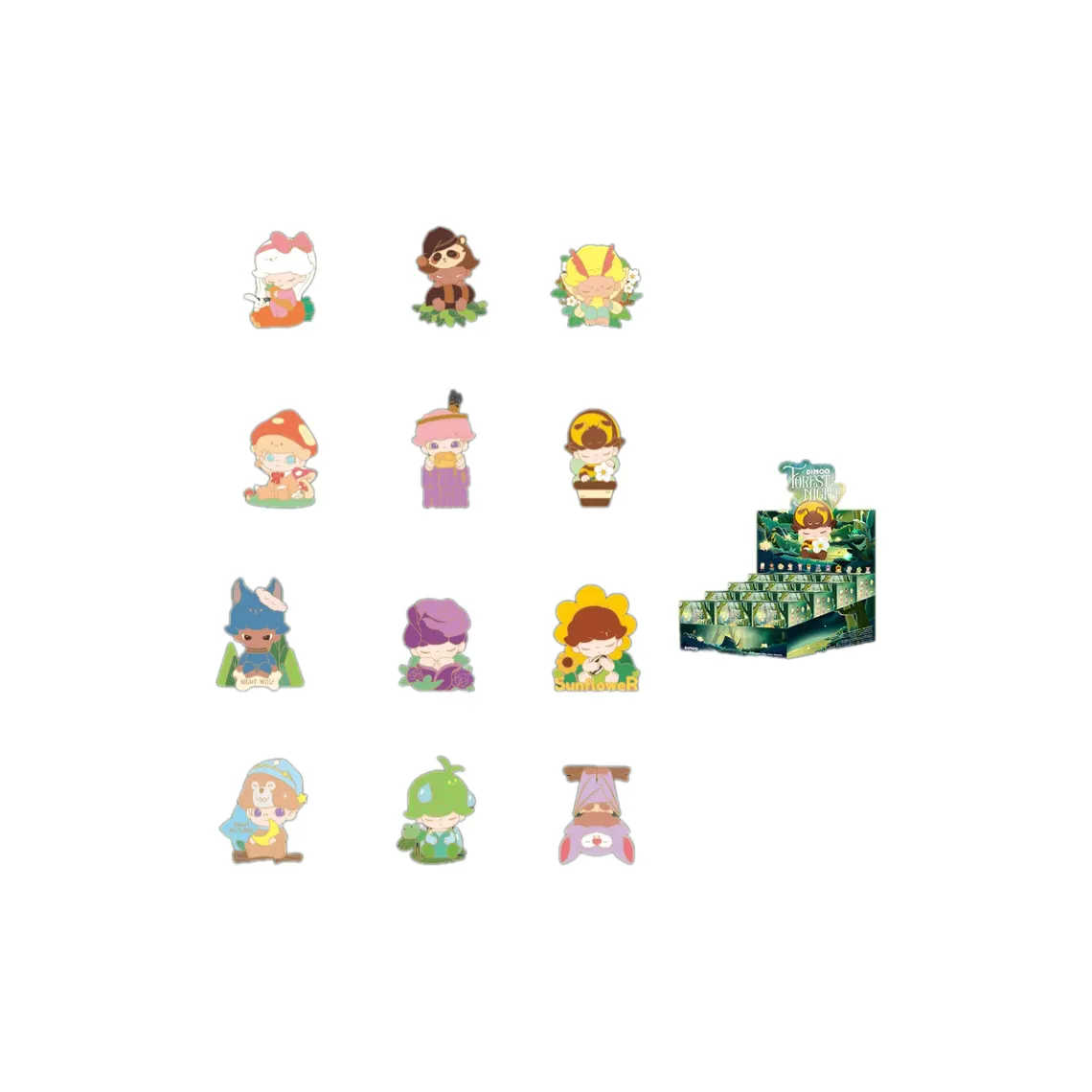 POP MART Dimoo FOREST NIGHT Значок Слепые коробки Один Mystery Коробка Целая коробка 12 шт