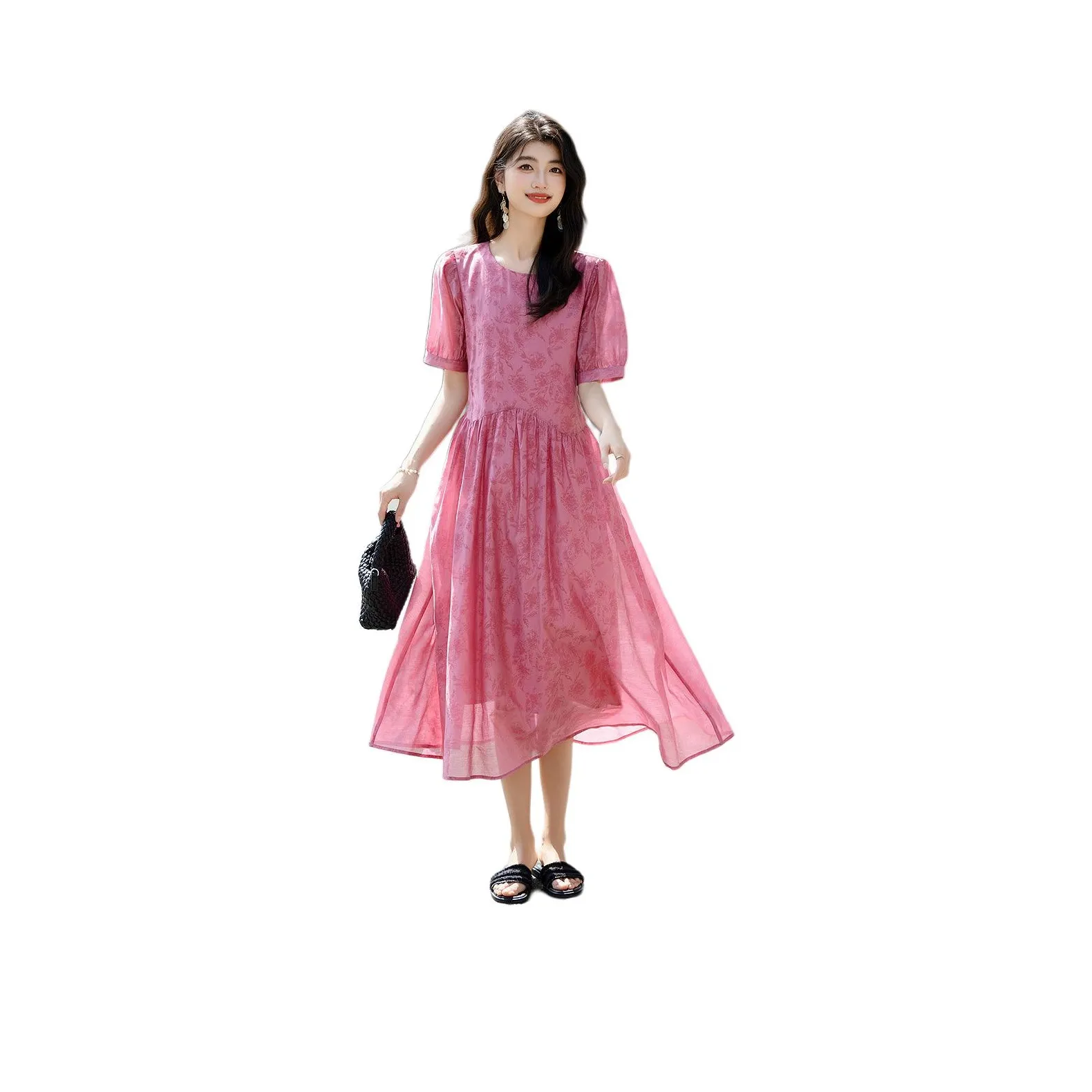 【Dme】 Короткий рукав платье женское розово-красное