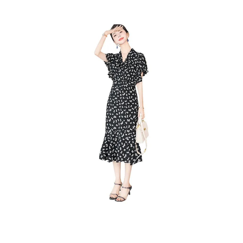 Cypress House Short Sleeved Dress Women's Black With White Floral