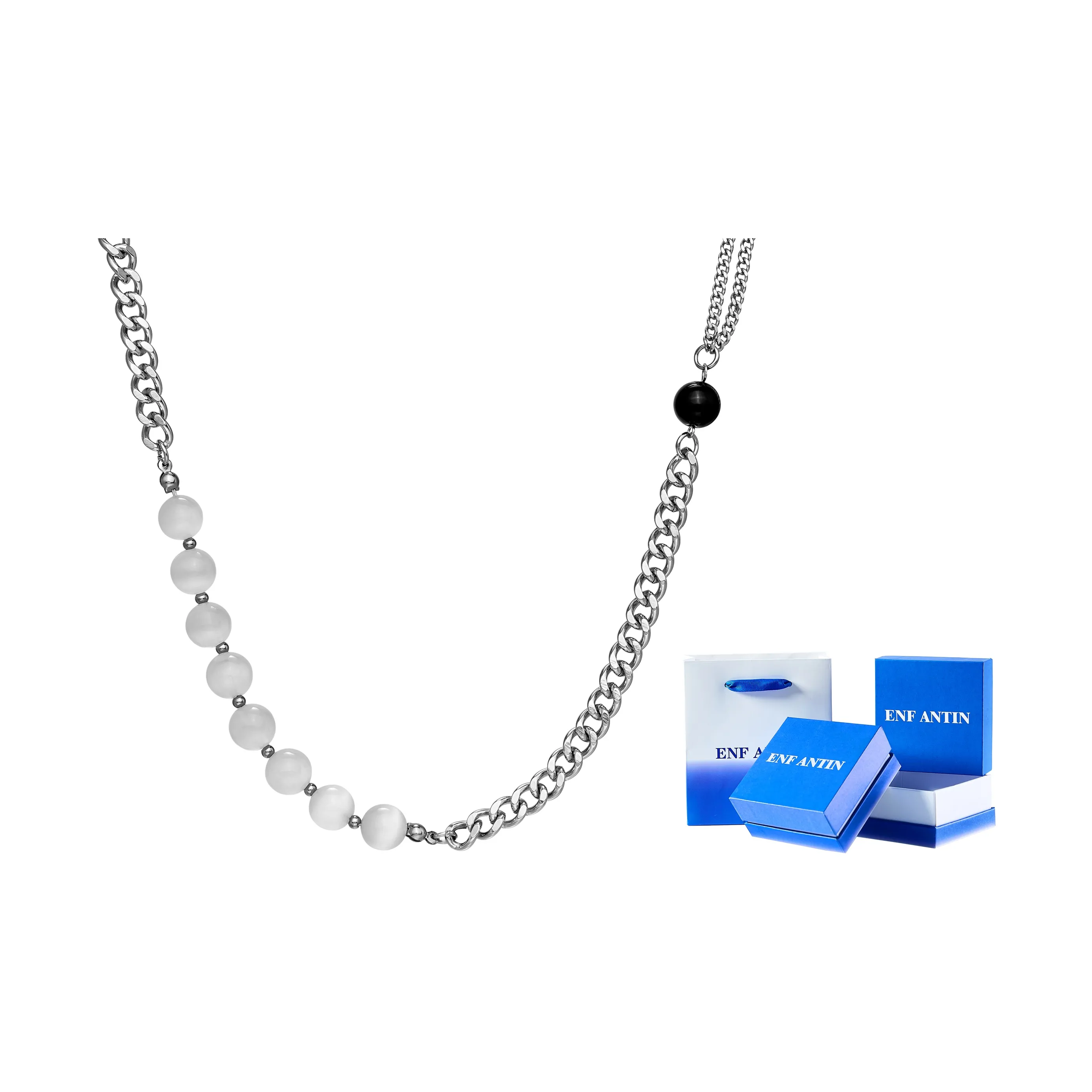 ENFANTIN Титановая сталь Стекло "Кошачий глаз" Черный агат Минималистский стиль Ожерелье Унисекс