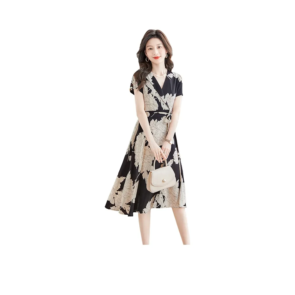Cypress House Short Sleeved Dress Women's Black With Beige Floral