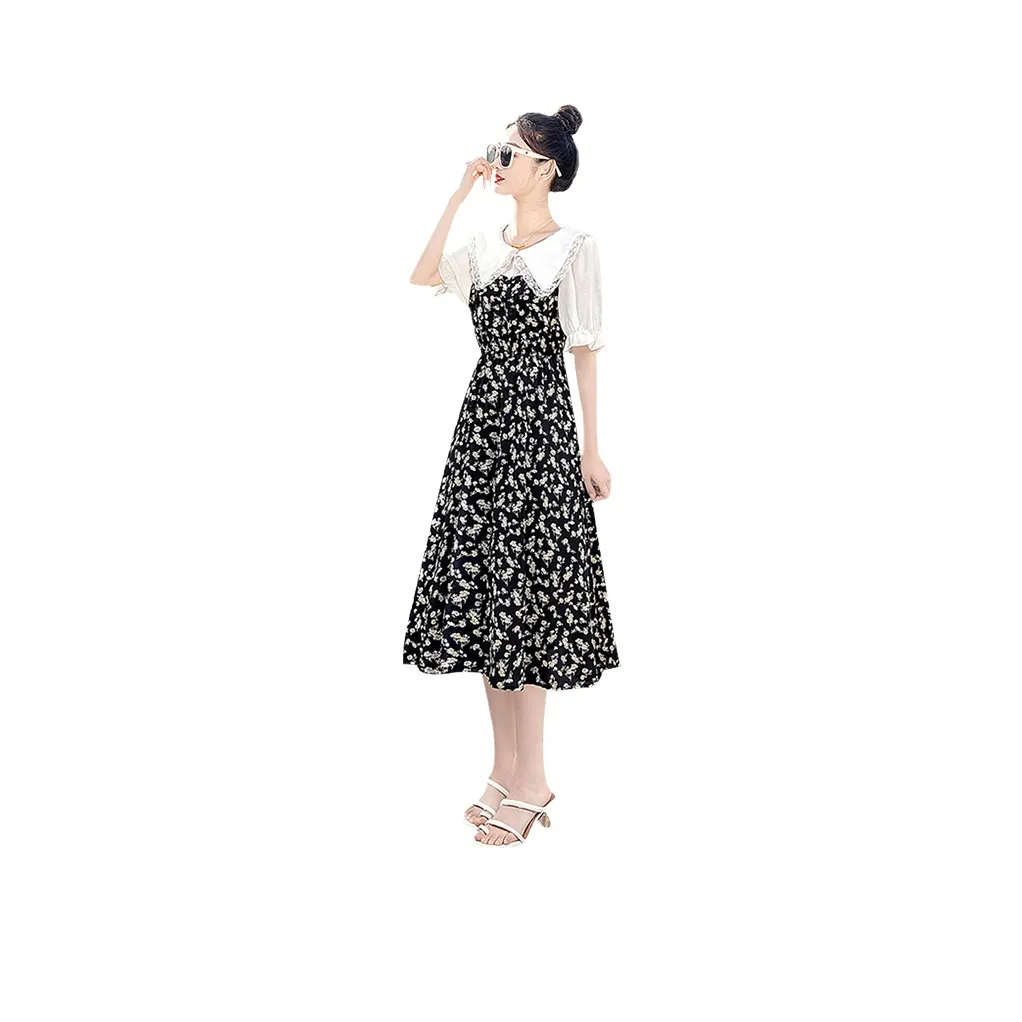 Cypress House Короткий рукав Платье Женское Бежевый и Черный с Бежевым цветочным