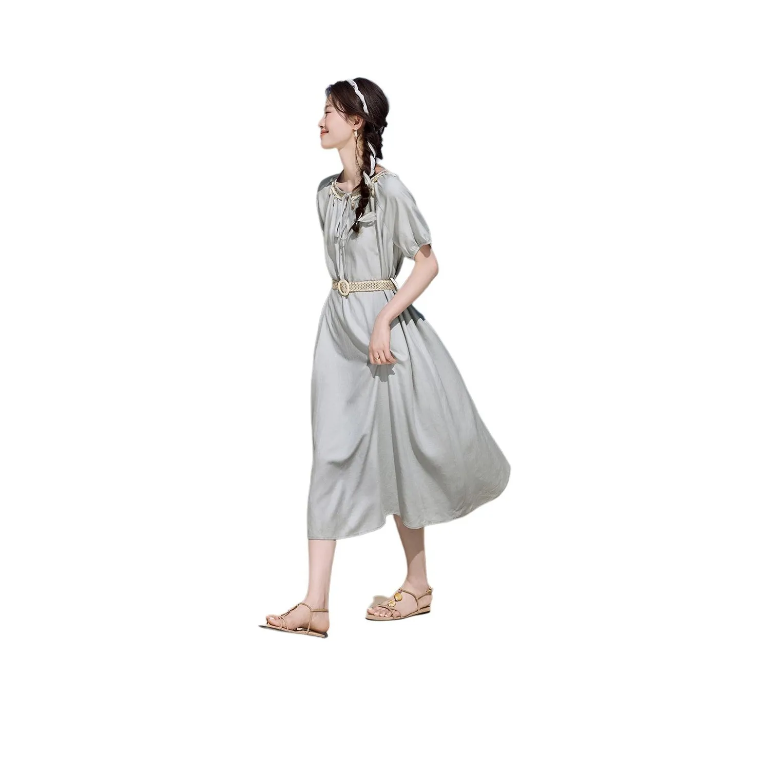 Mo Han Yi Mei Короткий рукав Платье Женское Светло-синий