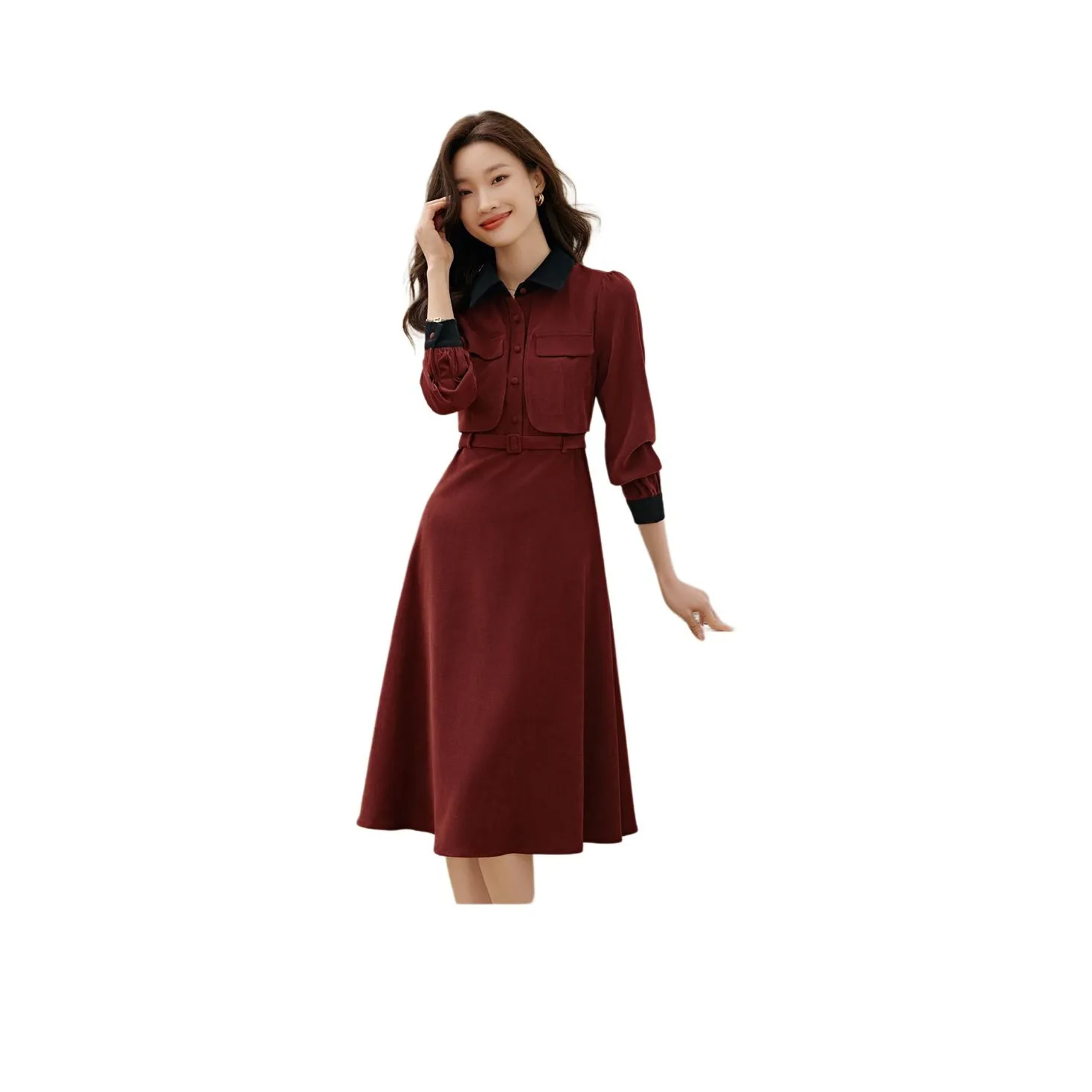 Mo Han Yi Mei Long Sleeved Dress Women's Vintage Red