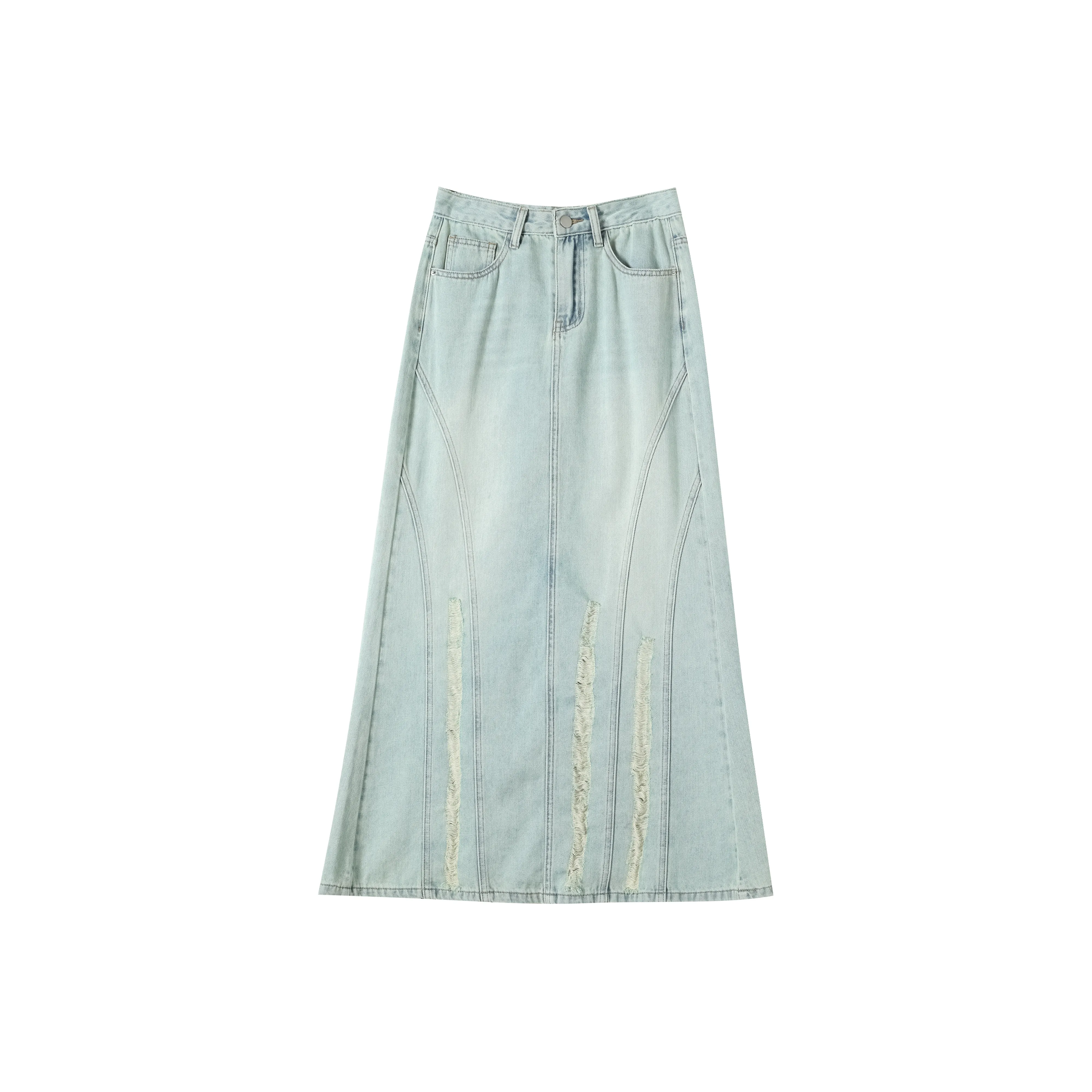 Розово-синяя рваная длинная юбка женские джинсовые длинные юбки