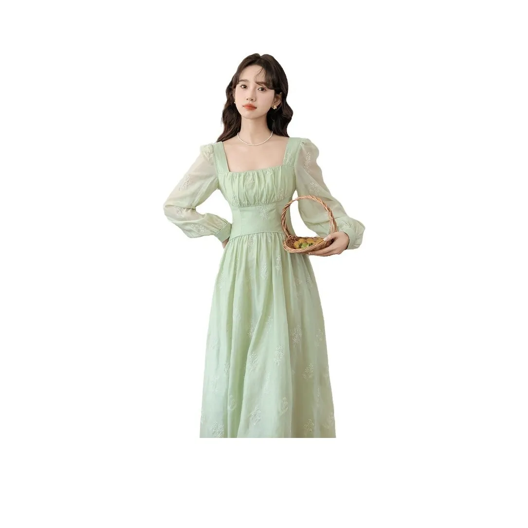 Lookinto Длинное платье с длинными рукавами женское зеленое