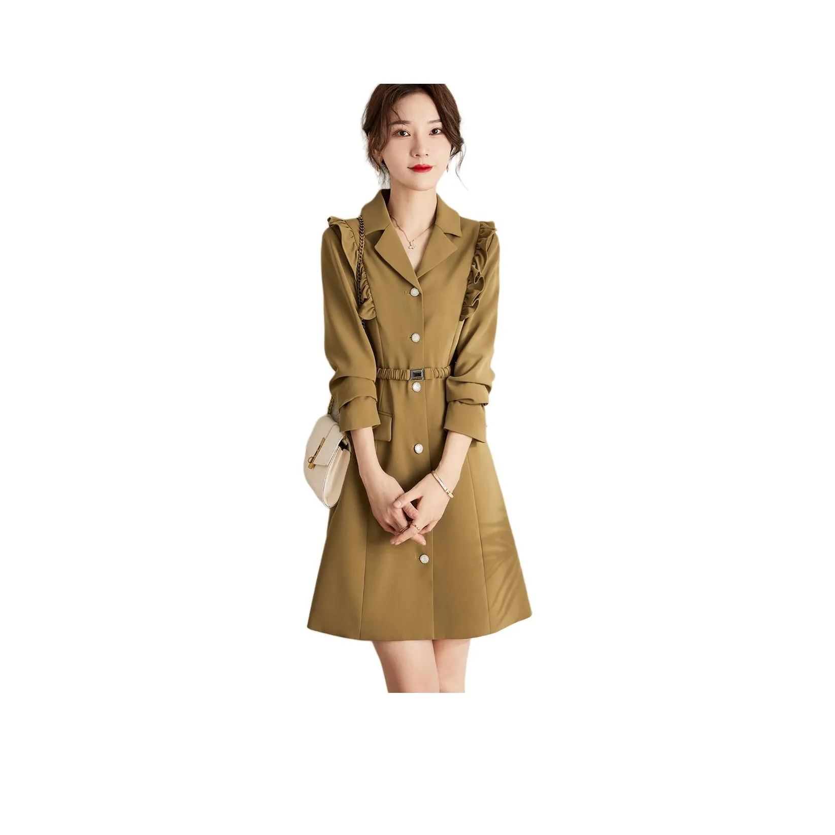 Mo Han Yi Mei Длинное платье с длинными рукавами женское хаки зеленый