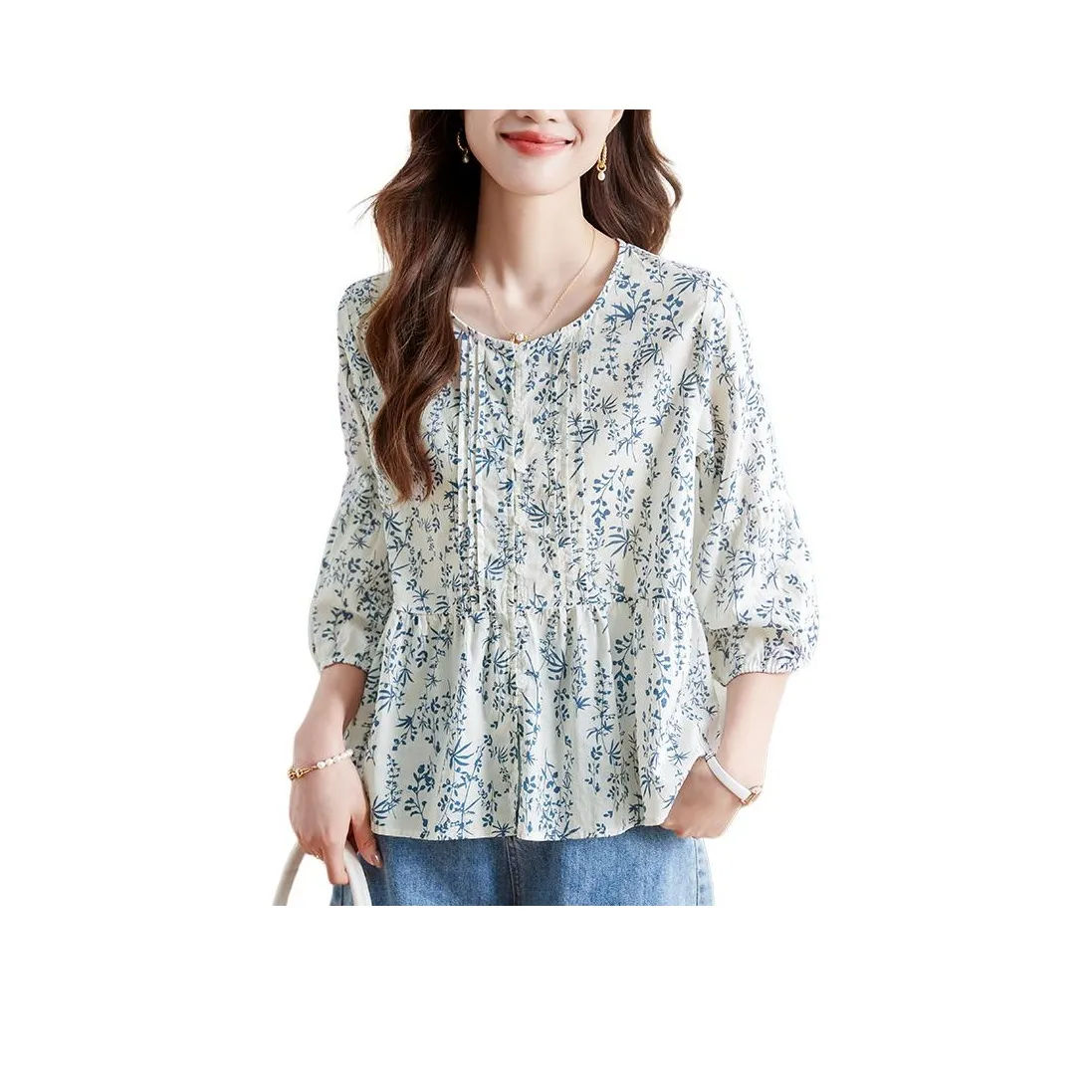 H YXIANG Голубой цветок Женские Рубашки