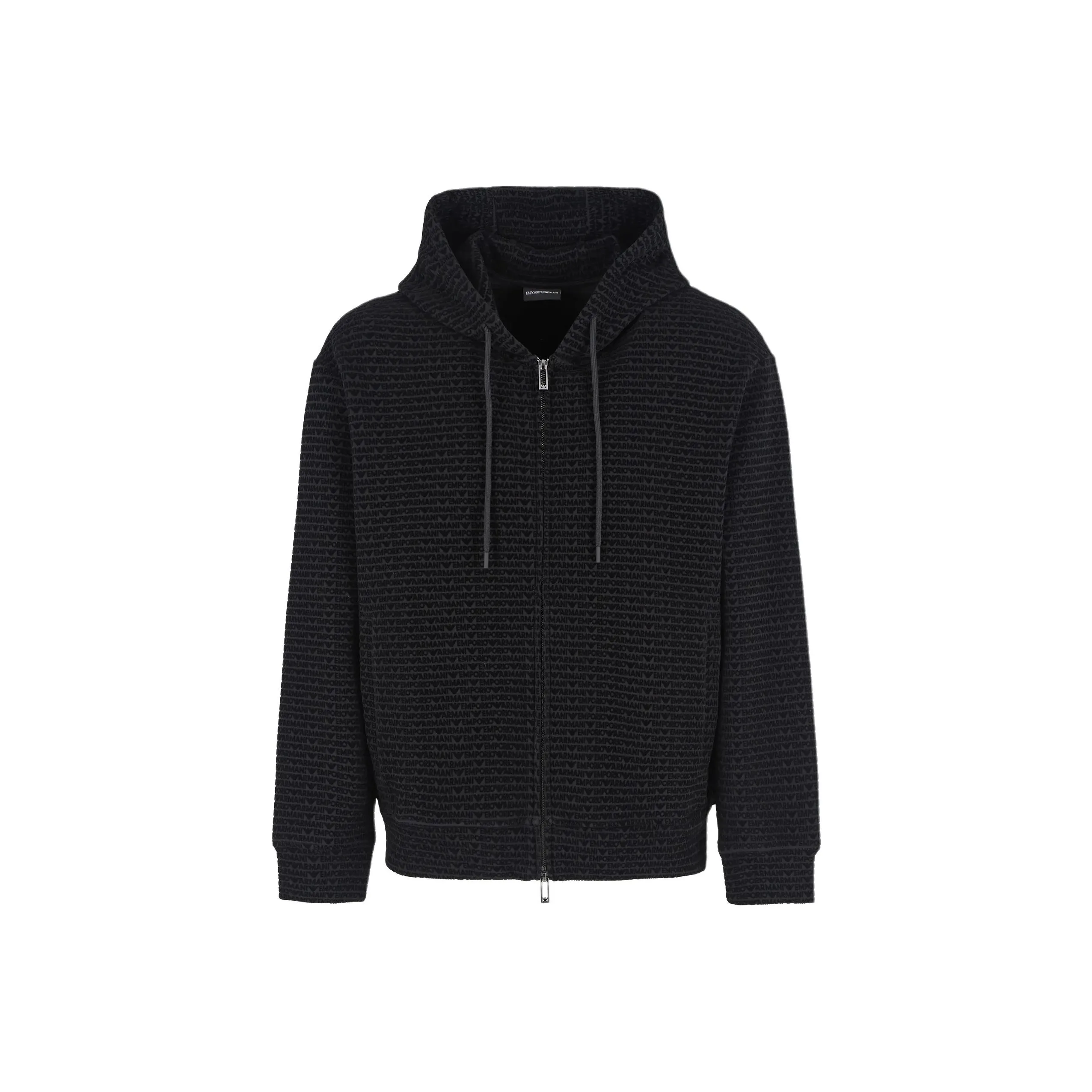 EMPORIO ARMANI Logo Flocked Zip Up Drawstring Hoodie