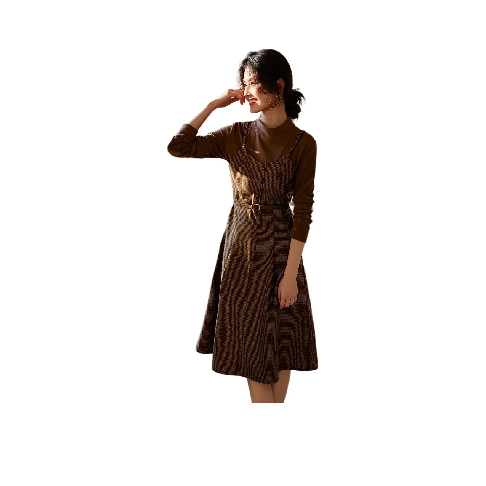 XWI Длинное платье с длинными рукавами женское в узор "гусиная лапка"