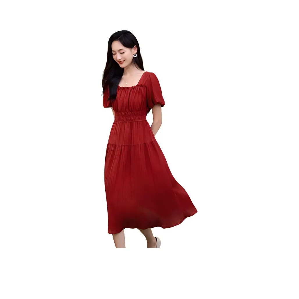 Mo Han Yi Mei SS24 Short Sleeved Dress Women's Vintage Red