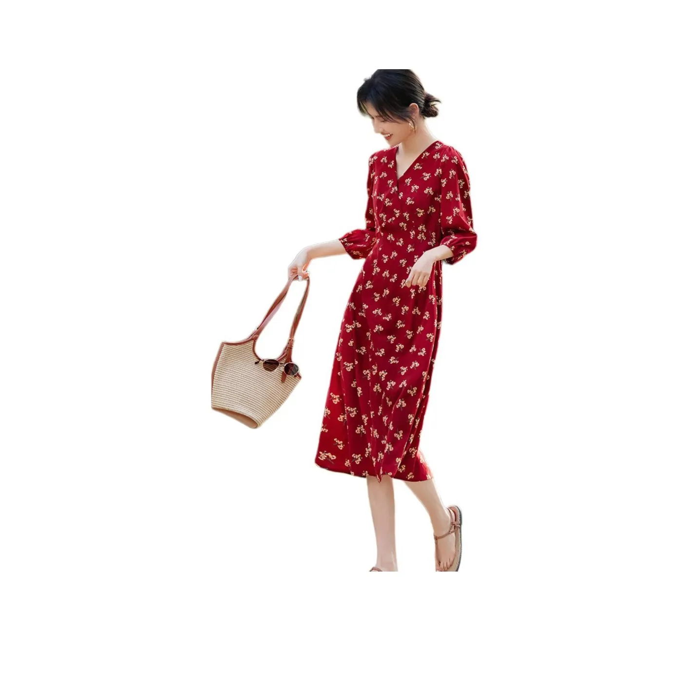 XWI Long Sleeved Dress Women's Red With Yellow Floral