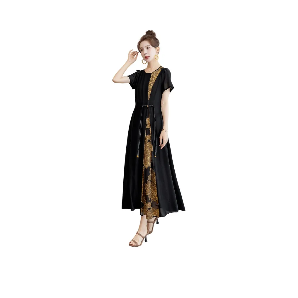 Cypress House Короткий рукав Платье Женское Черный и Желтый Цветочный дизайн