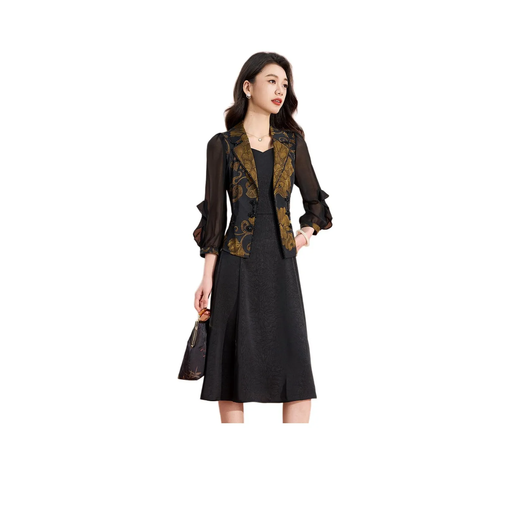 Mylan Комплект с юбкой с утяжкой на талии женский черный с желтой цветочной