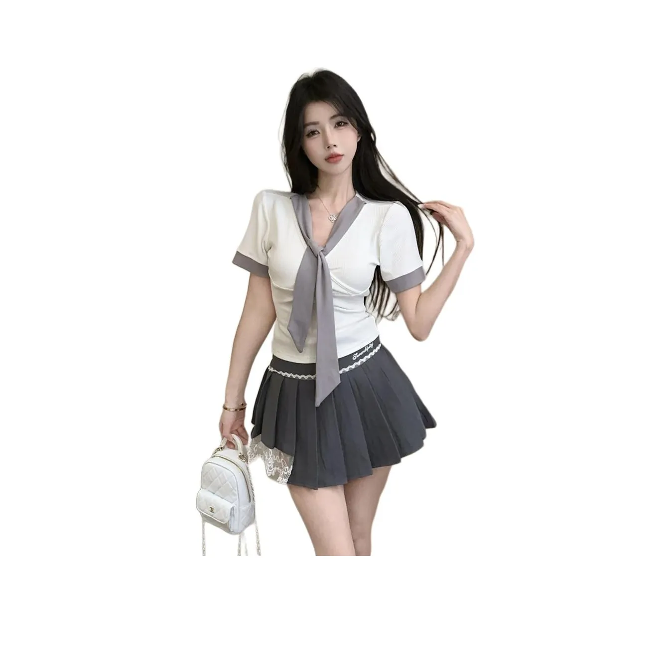 Garbege UNIFORM Женская Белая Рубашка Серый Юбка Комплект Одежды