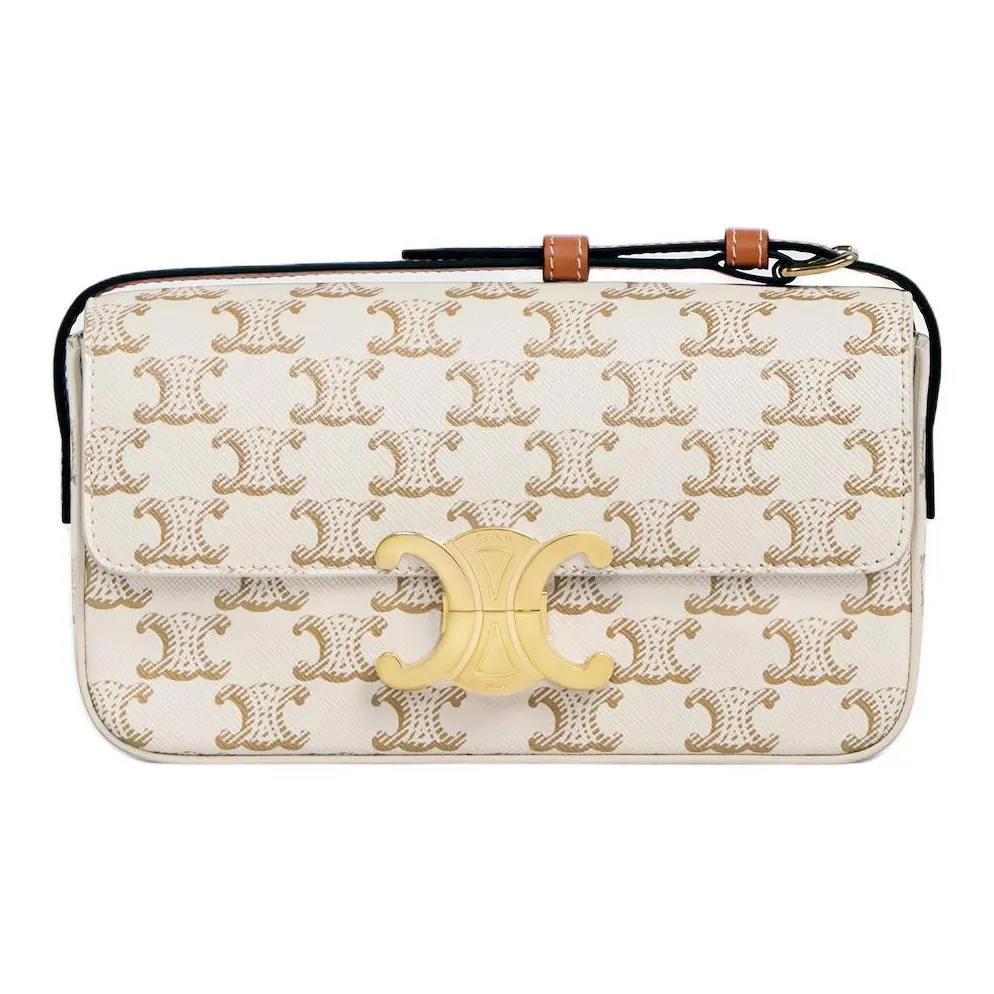 CELINE Triomphe Cow Leather Shoulder Bag, Crossbody Bag Women's White/Khaki