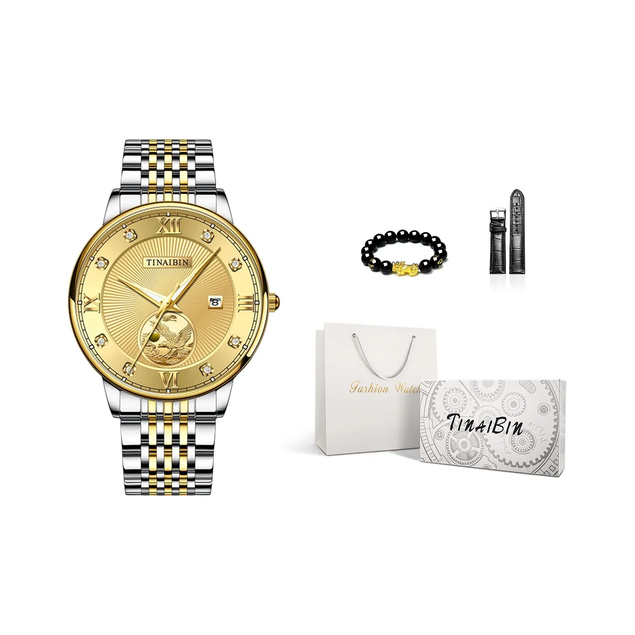 TINAIBIN Кварцевый механизм ремешок из нержавеющей стали мужские часы золотой циферблат