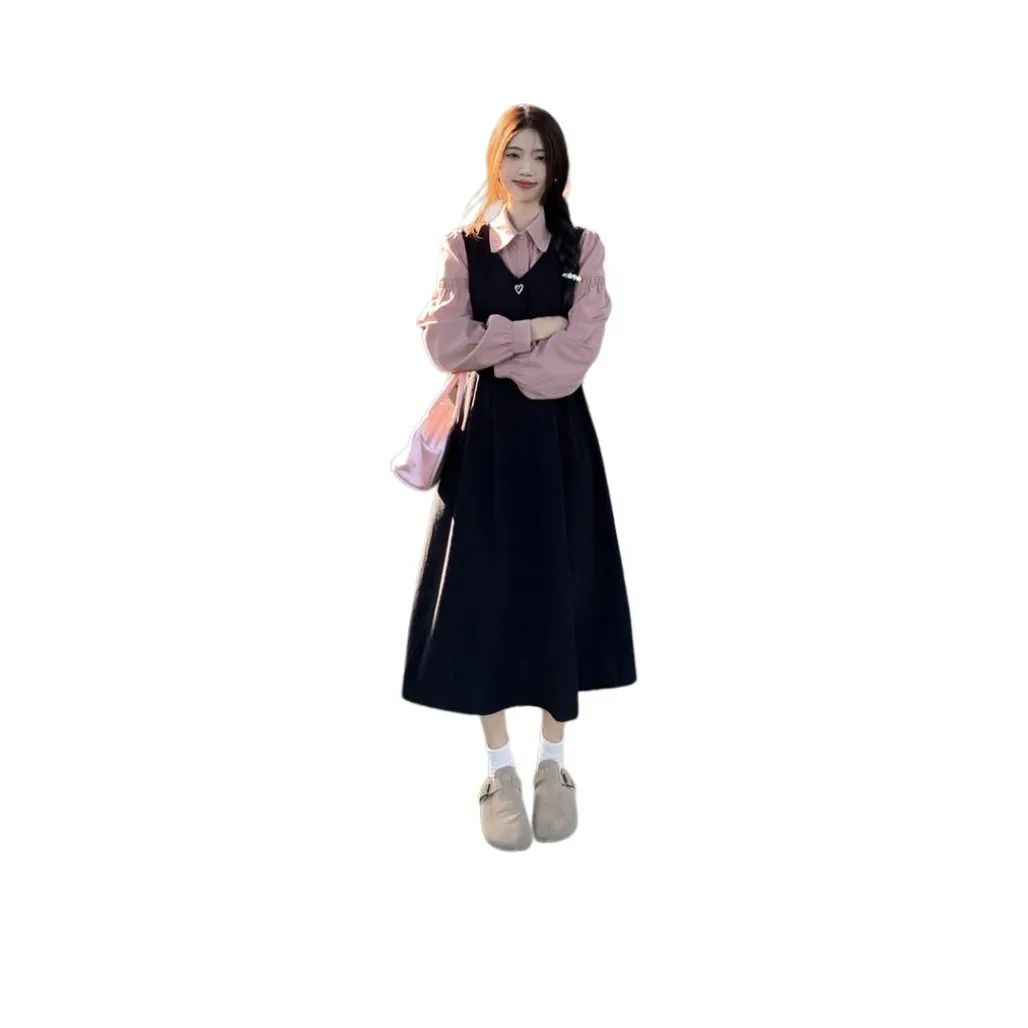 XIANSINIAO Two Piece Skirt Sets Women's Pink Shirt+Black Tank Dress