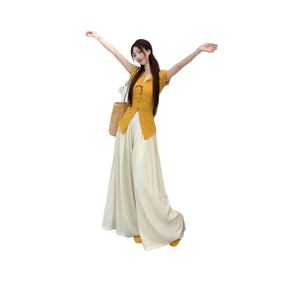 ETSE Одежда Наборы Желтый Топ + Абрикосовые Широкие Брюки Женские Комплекты с Юбкой