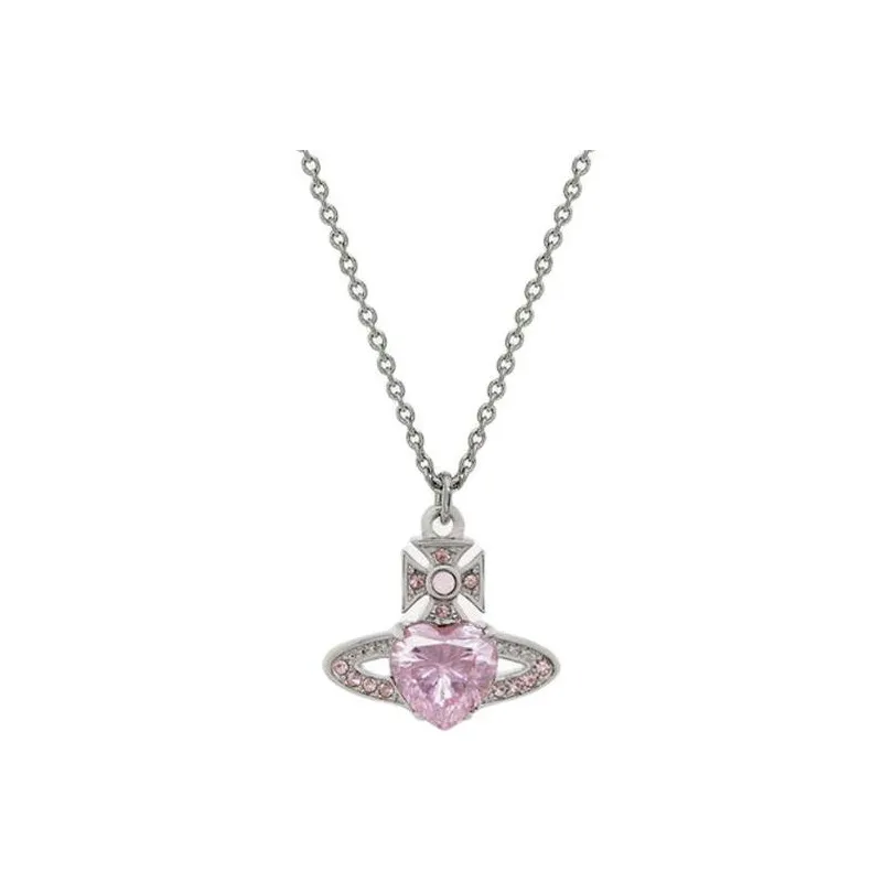 Vivienne Westwood Brass Heart Pink Crystal Saturn Pendant Necklace Women's Pink Diamond/Silver