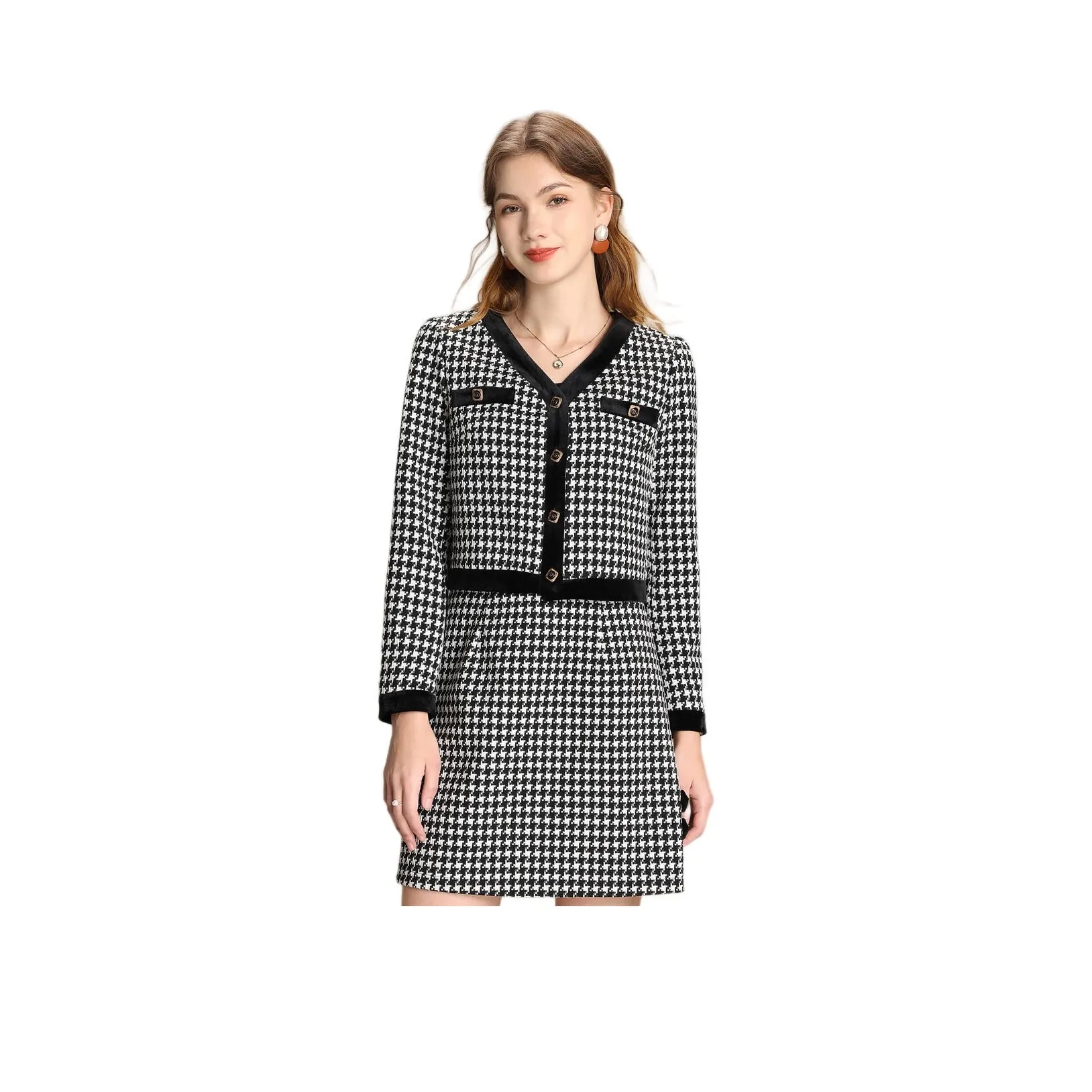 FENHONGMALI Комплект с юбкой Женские Черный Белый Клетка