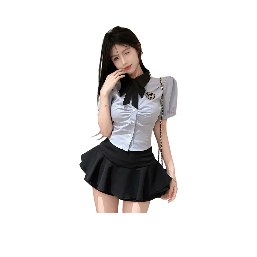Garbege Синяя рубашка + черная юбка + галстук-бабочка, комплект женской униформы