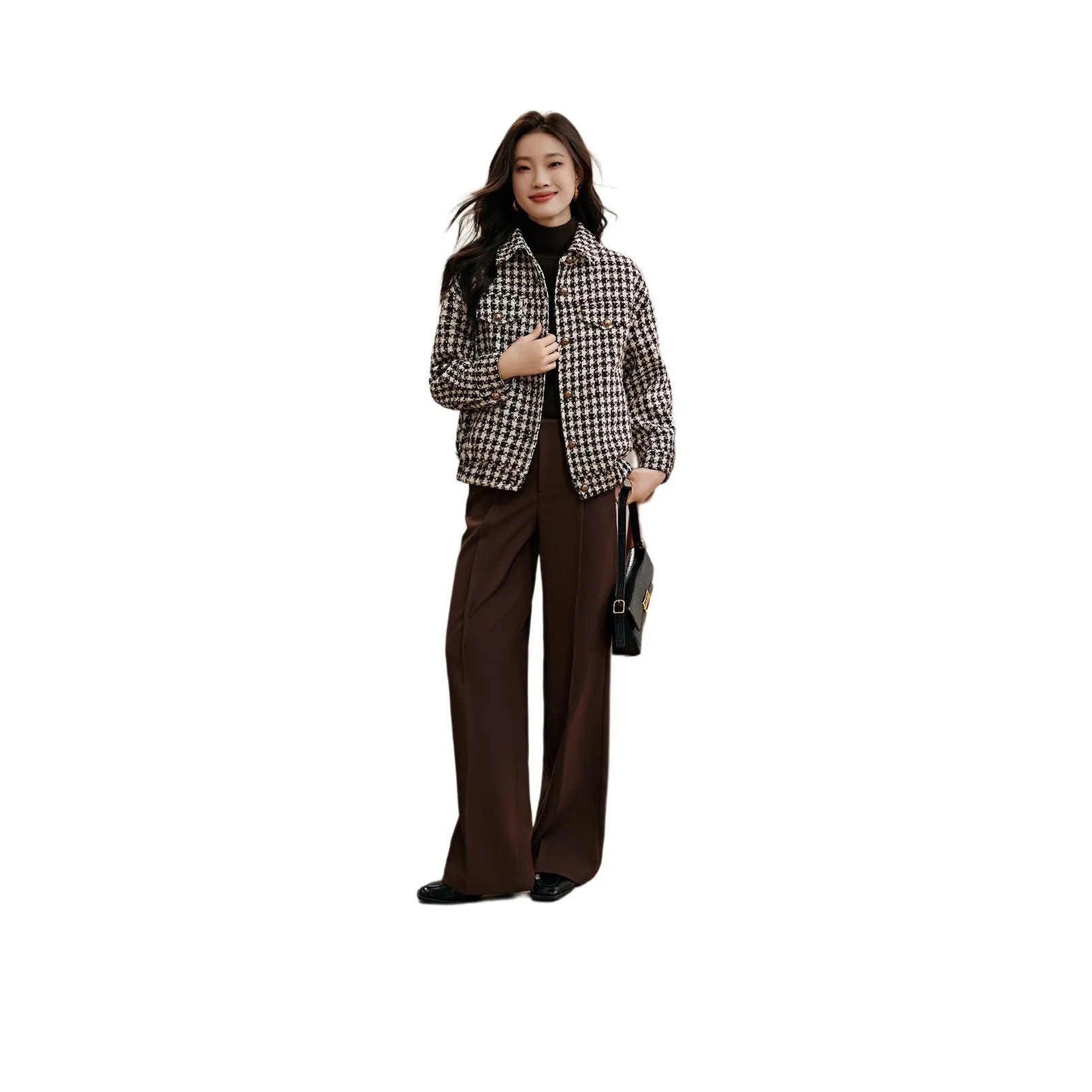 Mo Han Yi Mei Cropped Coats Women's Coffee Plaid