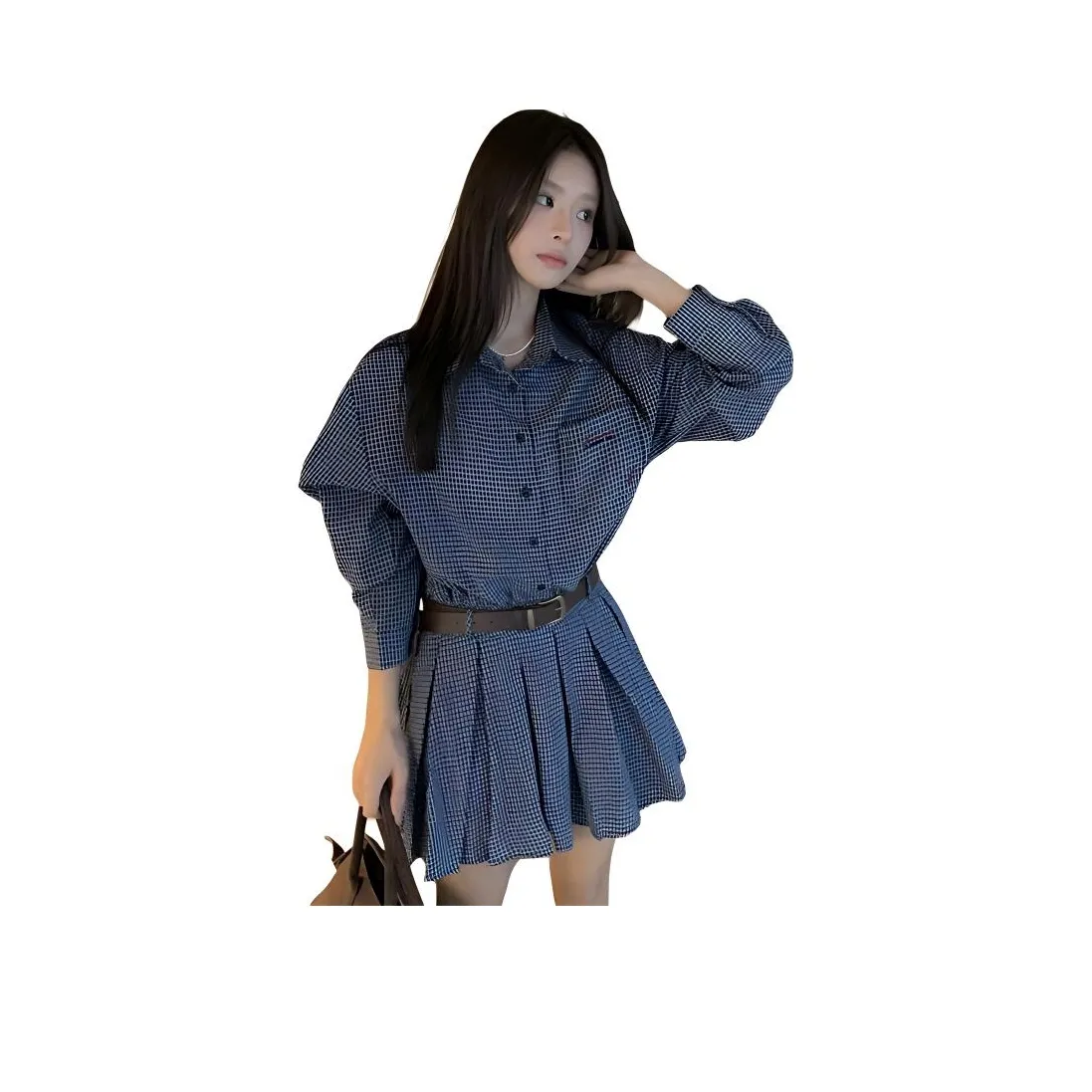 XIAOJUCHUANLI Длинное платье с длинными рукавами женское синяя клетка юбка