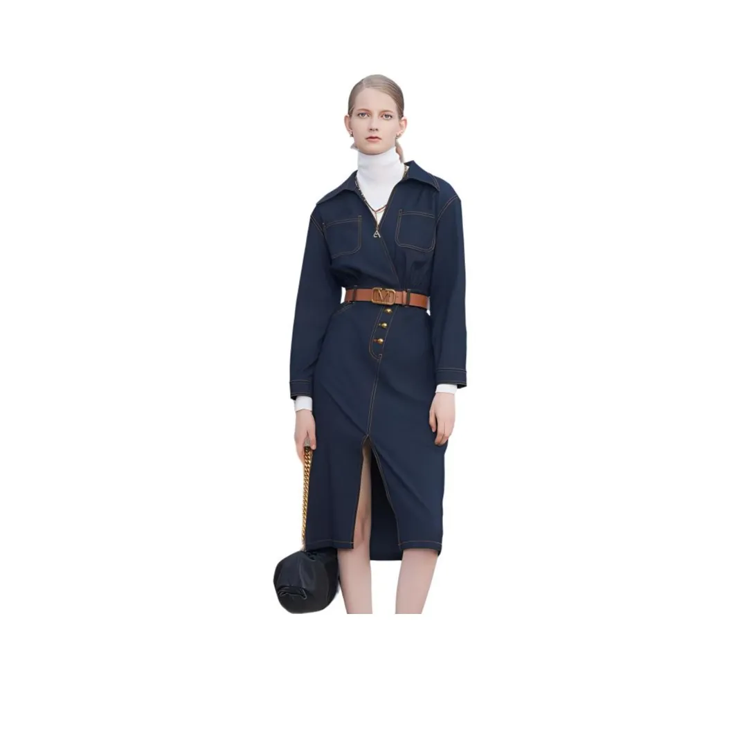 Anmani Длинное платье с длинными рукавами женское темно-синий