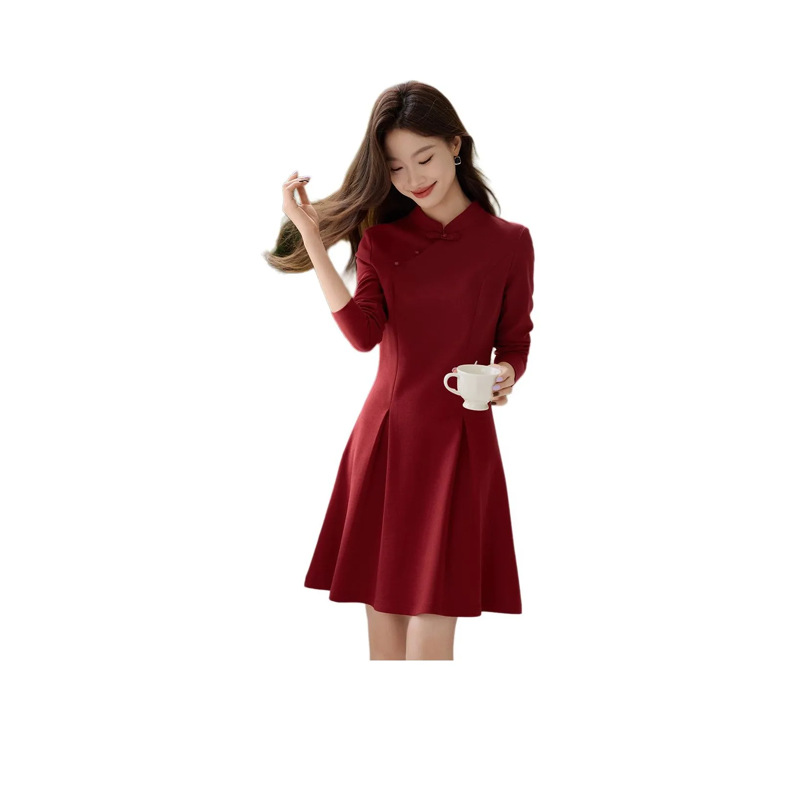 Mo Han Yi Mei Длинное платье с длинными рукавами женское ягодно-красного цвета