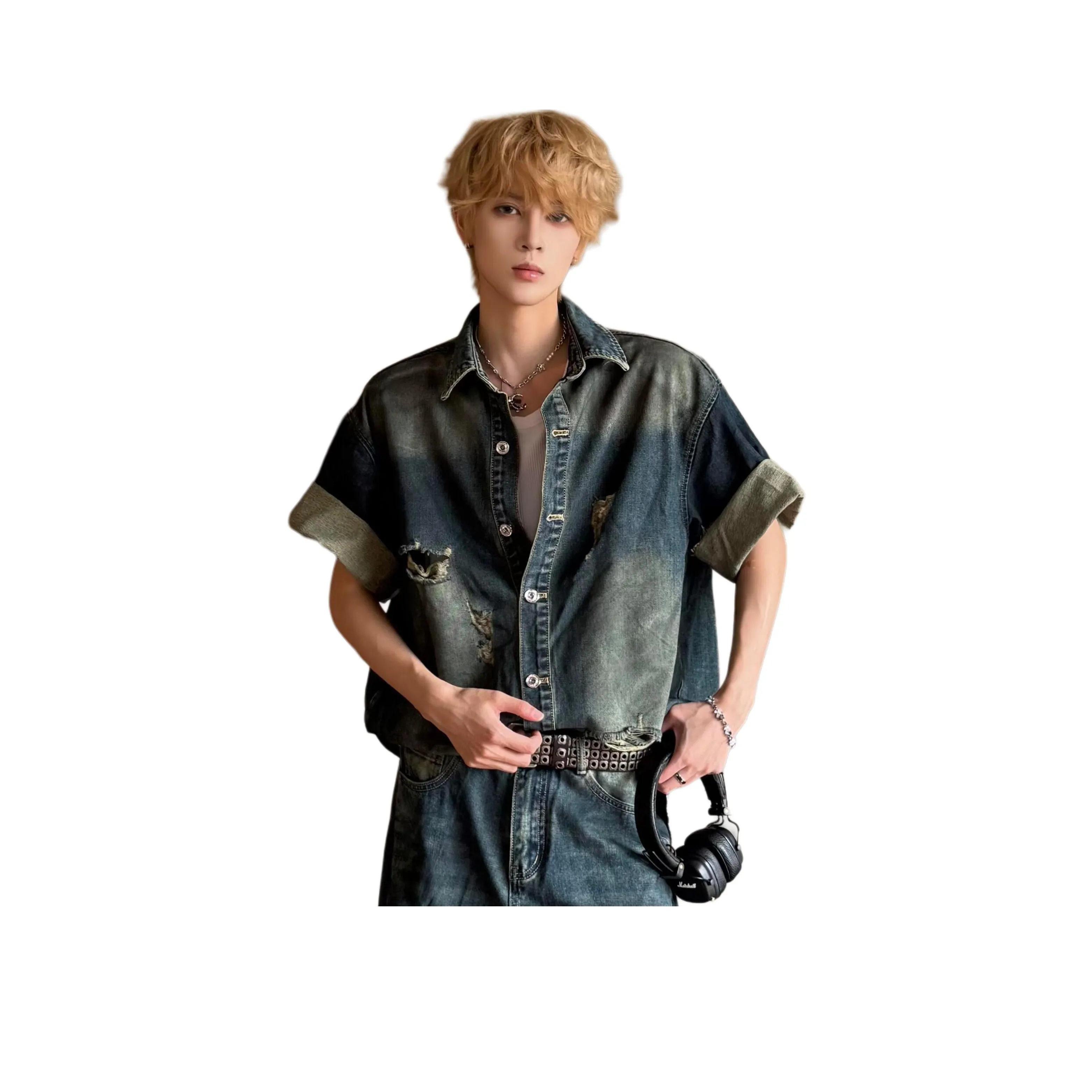 FALIAMS Винтажная синяя унисекс рубашка