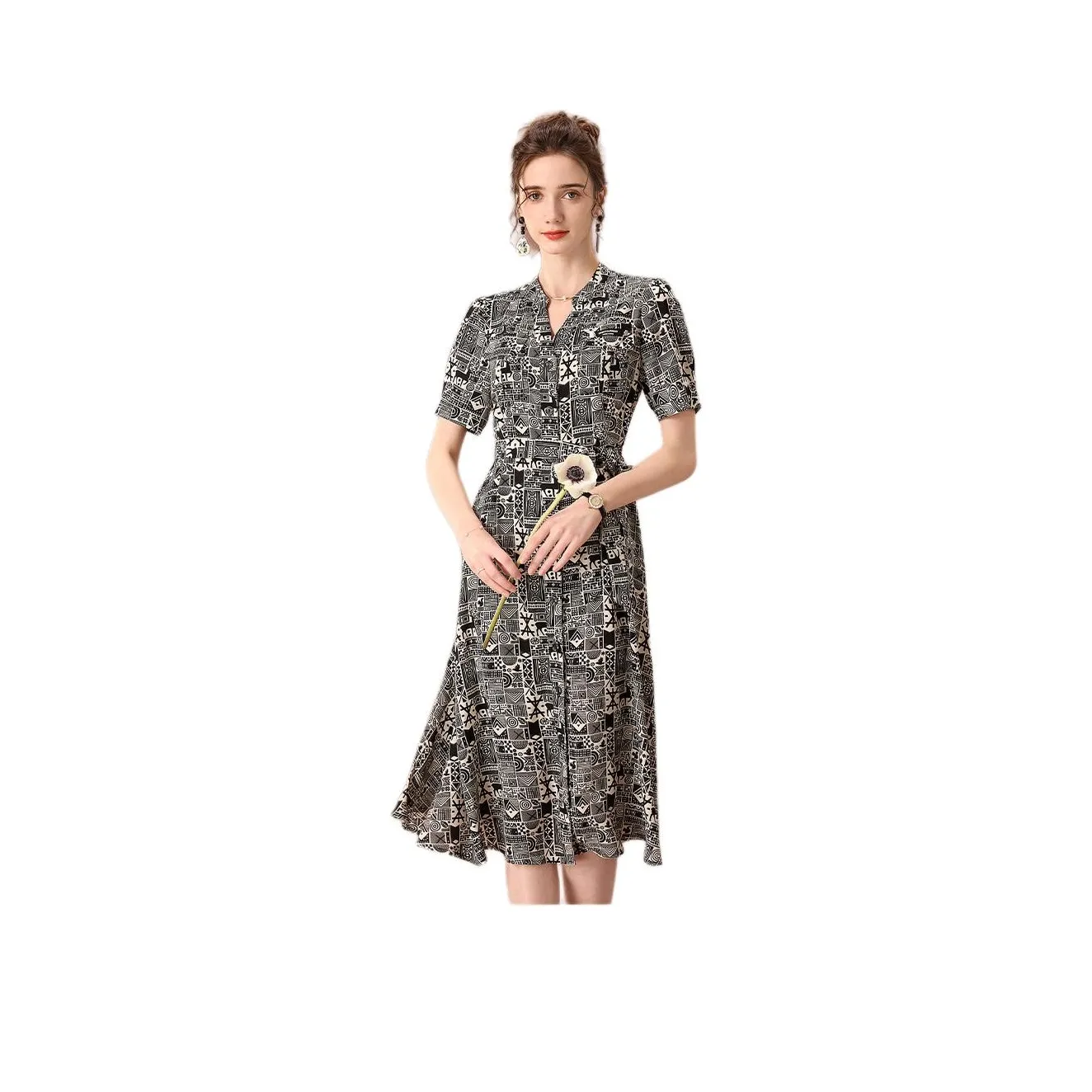 FENHONGMALI Short-Sleeved Dresses Women's Black White Heather
