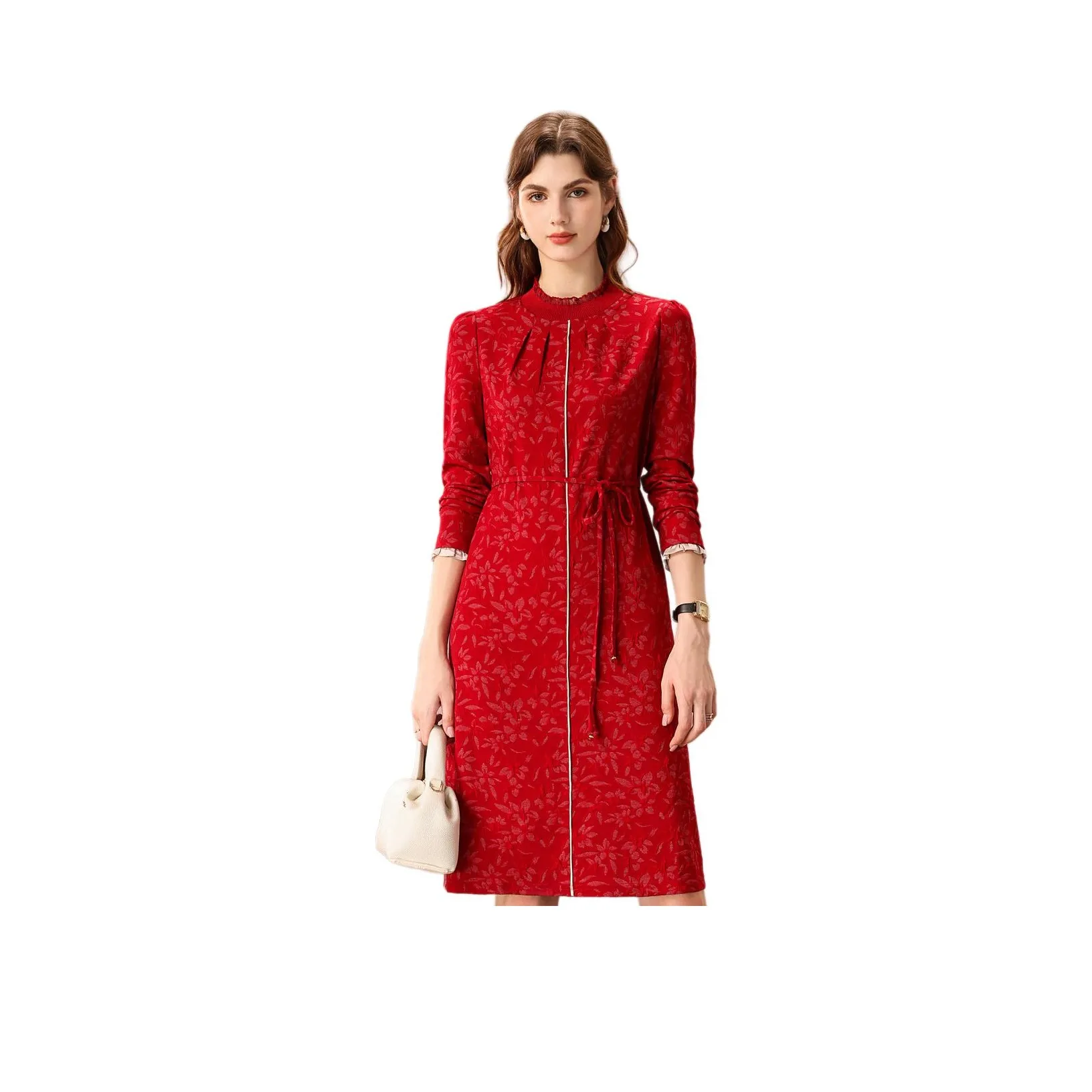 FENHONGMALI Long Sleeved Dress Women's Red