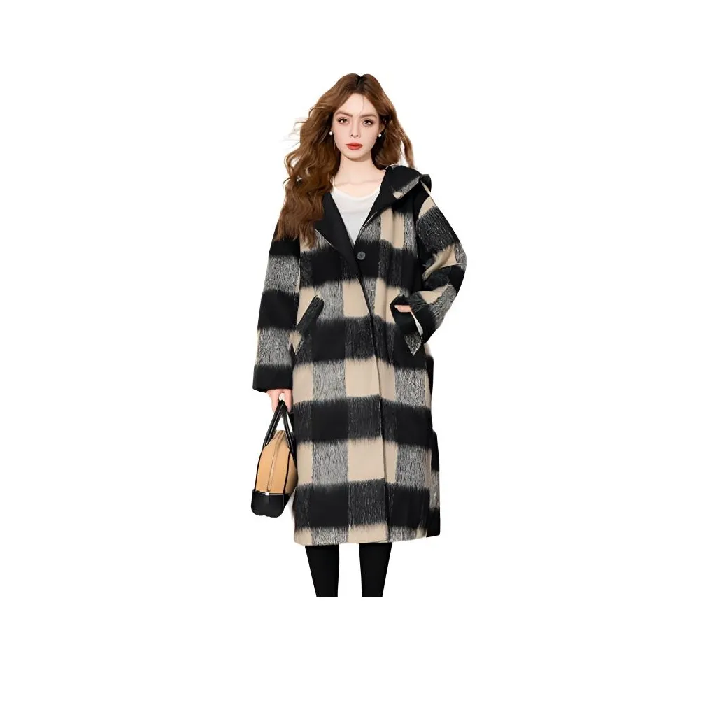 FAWENXIANGZI Куртка Женская Черная Бежевая Клетка