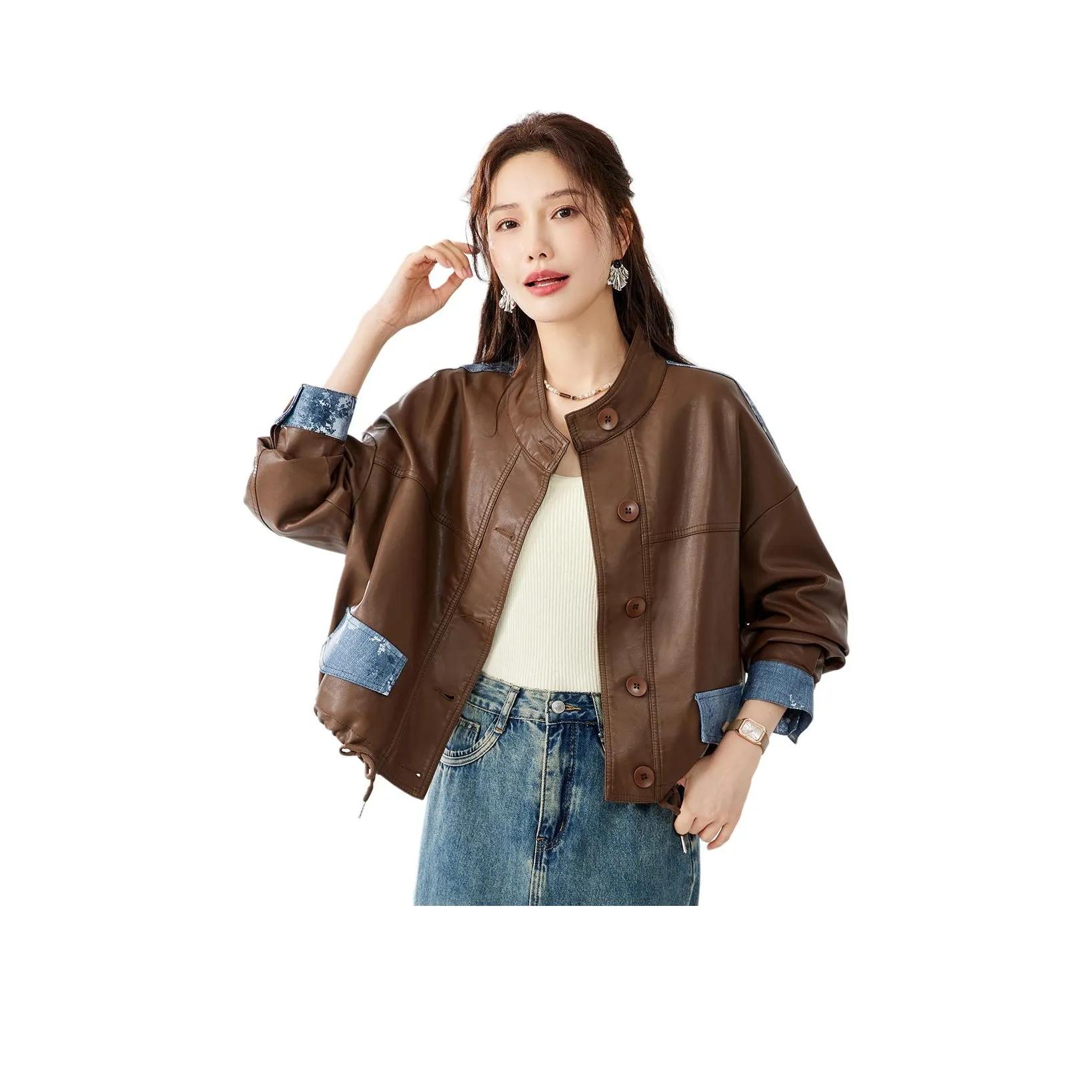 TERRE BLEUE Leather Jacket Women's Coffee