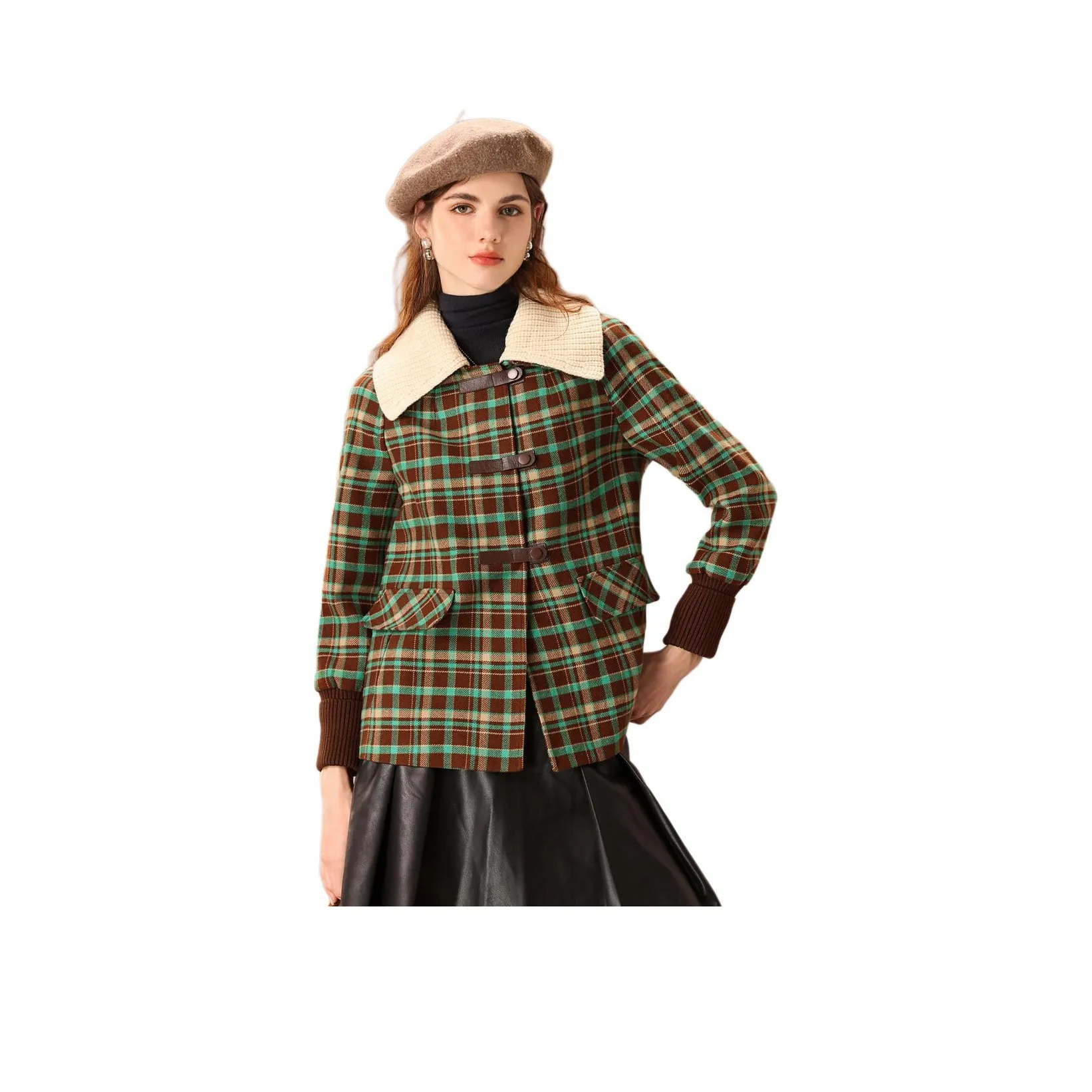 FENHONGMALI Куртки и пальто Женские Зеленая клетка