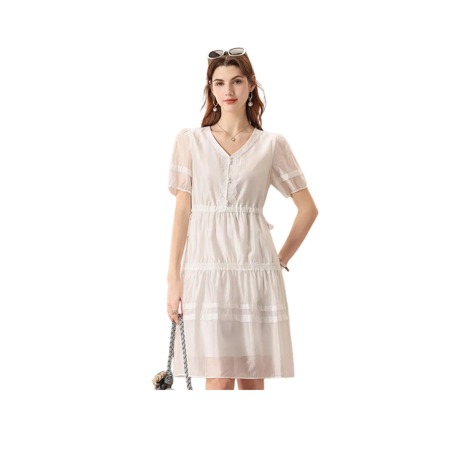 FENHONGMALI Короткий рукав платье женский белый