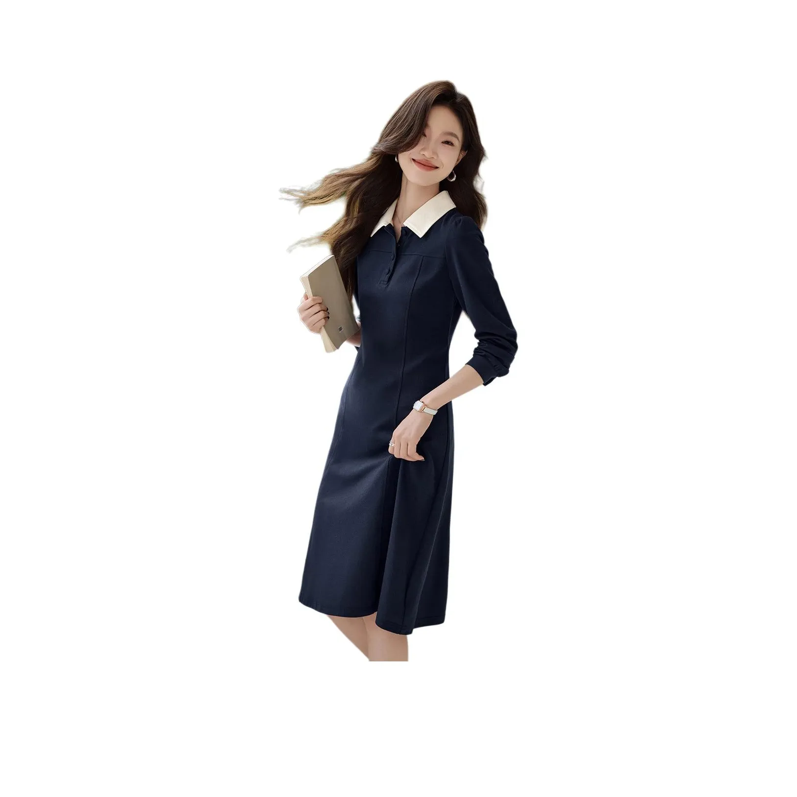 Mo Han Yi Mei Длинное платье с длинными рукавами женское темно-синий