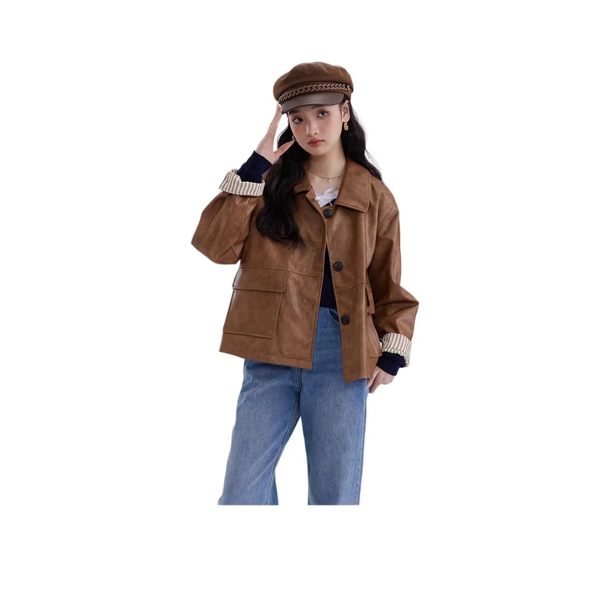 DEAR DEER PUFF Leather Jacket Women's Brown